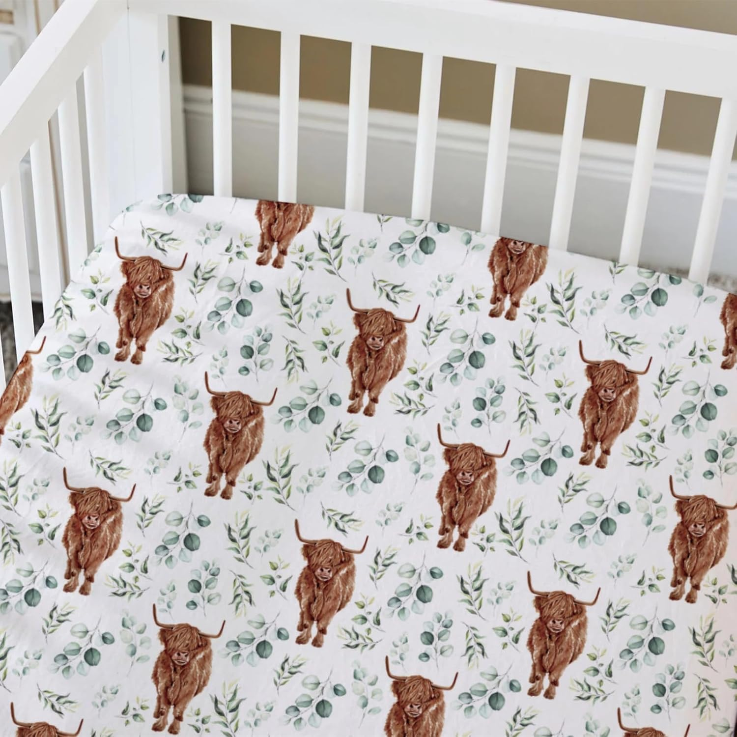 Hawskgfub Highland Cow Eucalyptus Leaf Fitted Standard Crib Sheet for Baby Boy Girl, Neutral Western Farm Animal Yak Toddler Mattress Cover, Soft Stretchy Nursery Bed Sheets Decor Kids Gift 52" X 28"