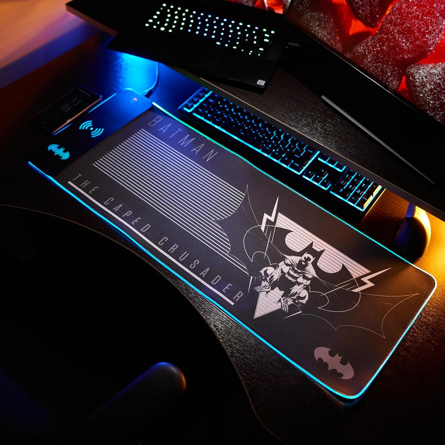 DC Comics Batman XL RGB Gaming Mat with 15W Wireless Charger | Customizable LED, Anti-Slip, Spill-Resistant