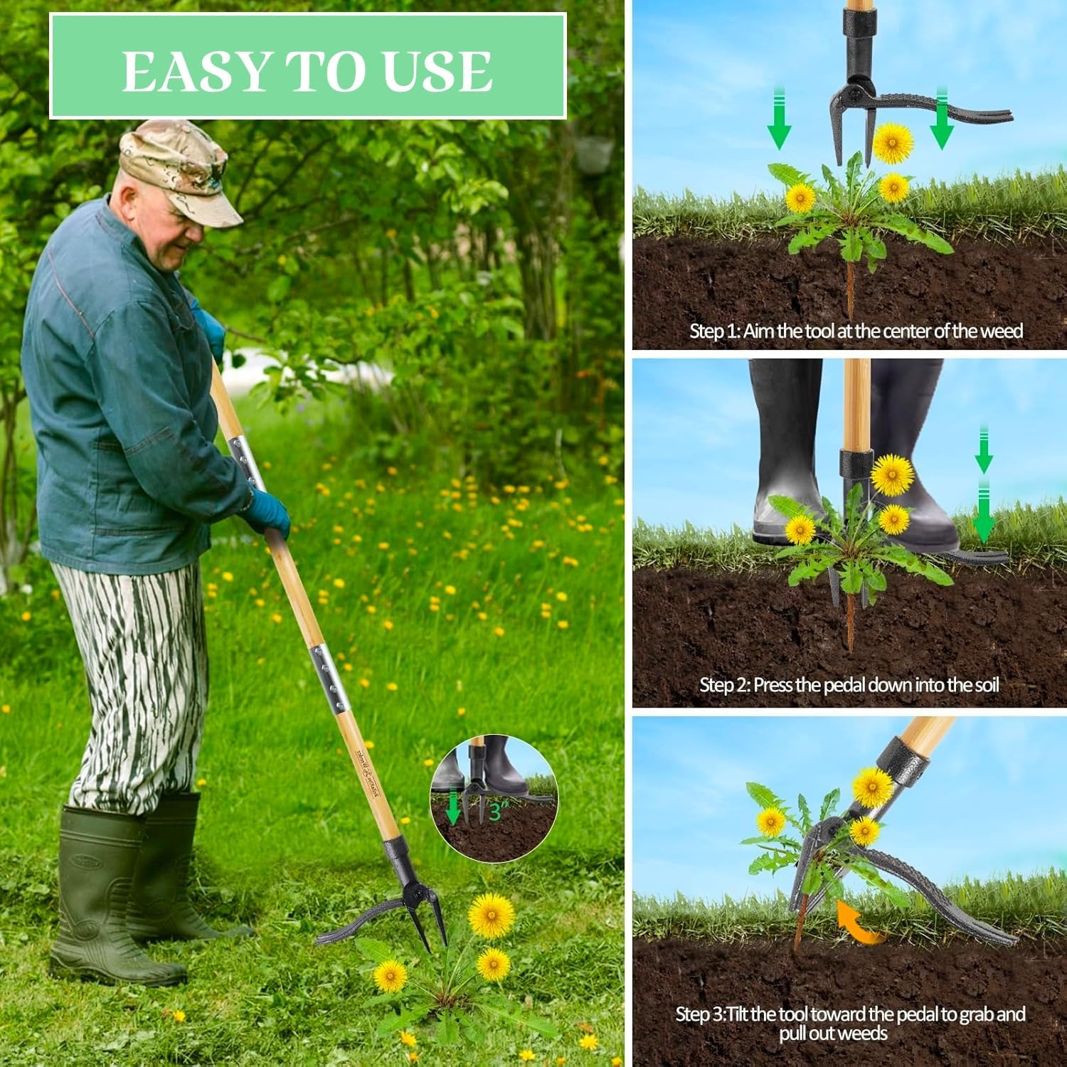 Lawn Mower - Long-Handle Manufacturing - Standing Lawn Mower Tool, Genuine Bamboo and 4-Claw Steel Head image number 5