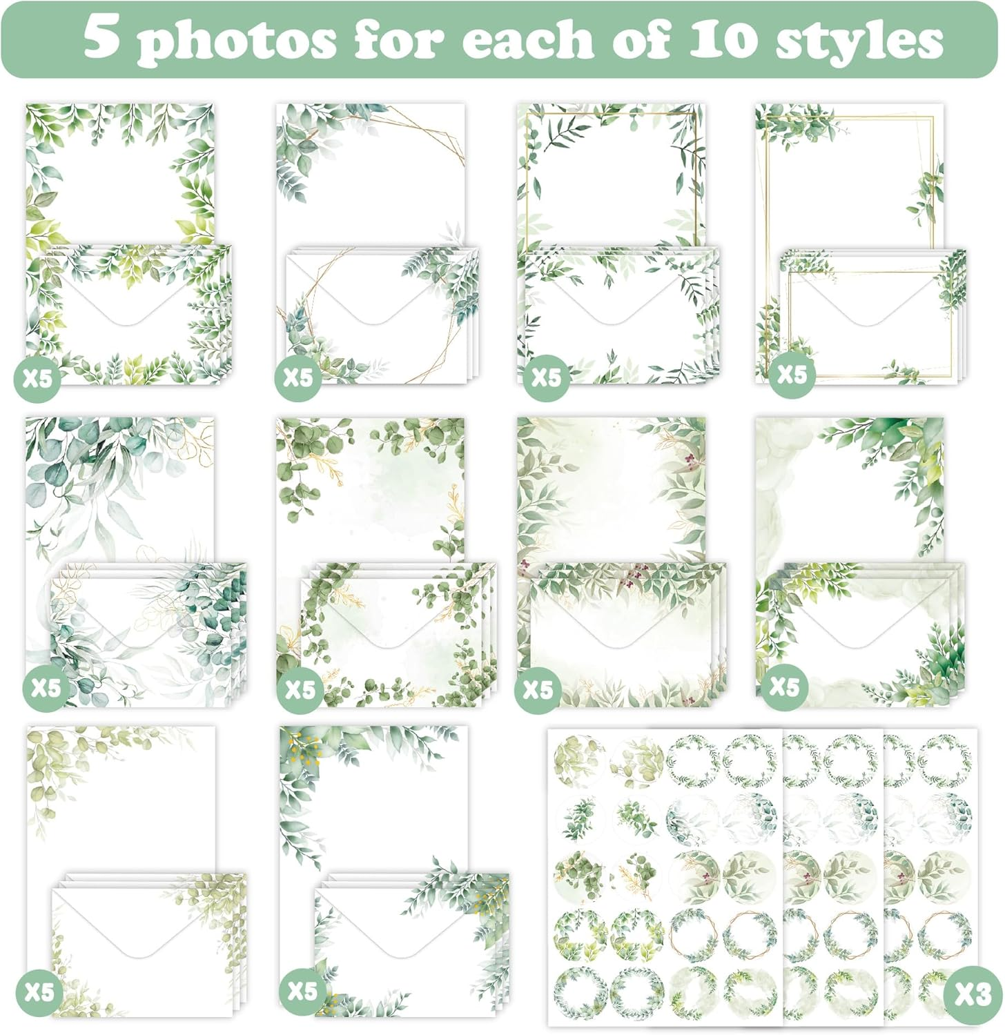 50 Sheets of Stationery with Envelopes, 10 Ddesigns of Stationery with 3 Sticker Sheets, Elegant Stationery Set for Invitation Cards, Congratulations Cards, Set D image number 5