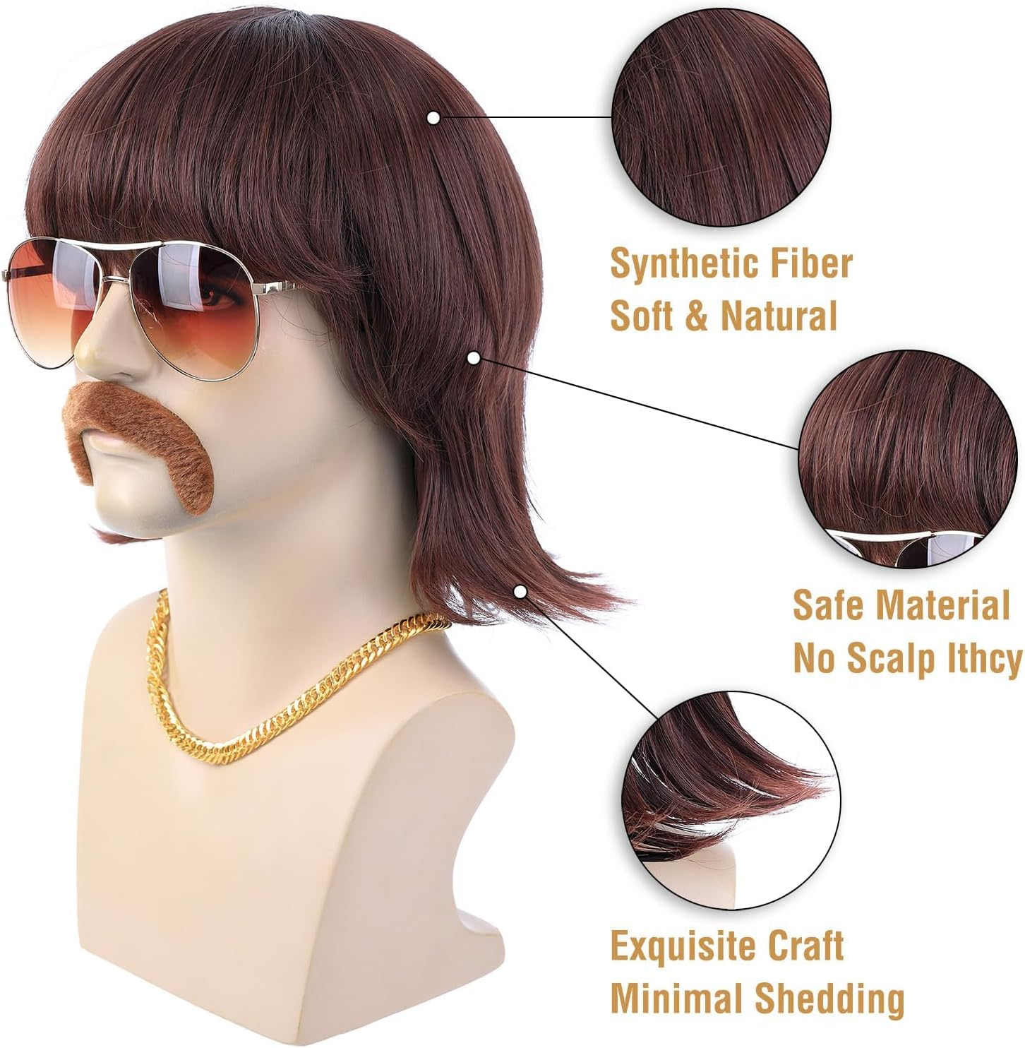 5Pcs Set 70S 80S Disco Wig with Mustache Glasses and Chain | Short Brown Mens Mullet Wig for 60S Singer Rocker Hippies Costume Cosplay Halloween Party image number 5