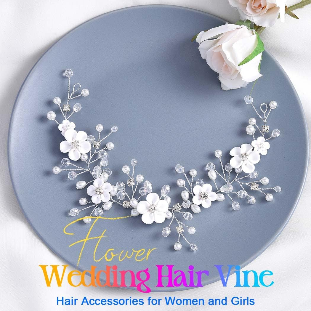 Heread Flower Bride Wedding Hair Vine Pearl Bridal Headband Rhinestones Hair Breath Accessories for Women and Girls (A Silver) image number 4
