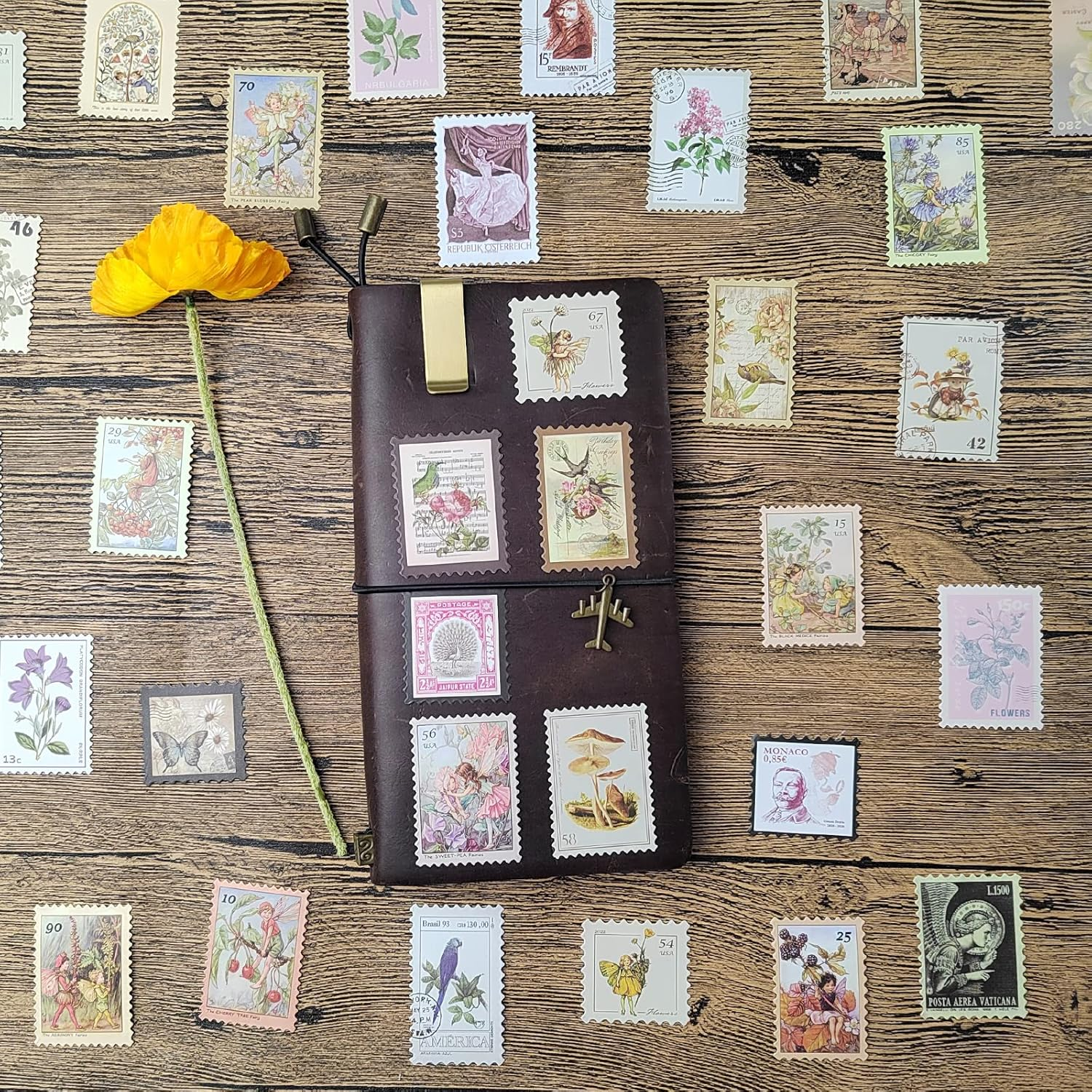 Vintage Postage Stamp Stickers for Scrapbook, 100 Pcs Deco Paper Stickers, Botanical Fairy Sticker for Bullet Journal, Junk Journal, DIY Crafts, Collage Album (Stamp-Like) image number 1