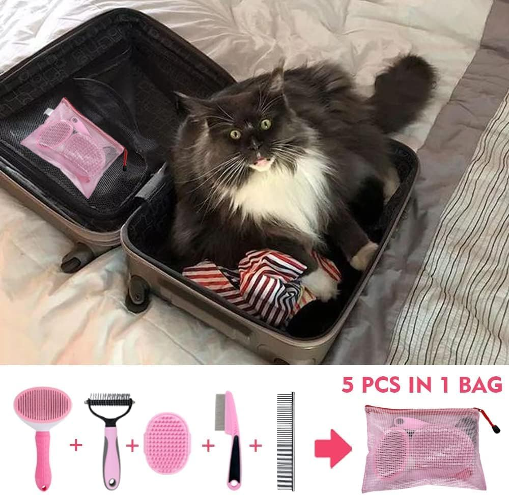 5PCS Professional Dog Grooming Kit - Includes Slicker Brush for Shedding, Dematting Comb, Flea Comb, Puppy Brush & Soft Bristle Brush for Dogs & Cats, Pet Hair Removal & Detangling Tool Set（Pink） - Blue image number 6