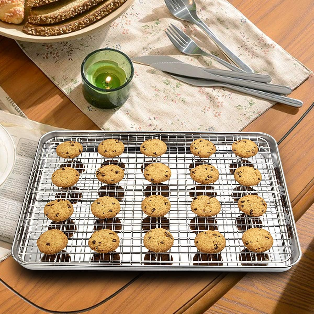 Wildone Baking Sheet with Rack Set [2 Pans + 2 Racks], Stainless Steel Cookie Sheet Baking Pan Tray with Cooling Rack, Size 16 X 12 X 1 Inch, Non Toxic & Heavy Duty & Easy Clean image number 2