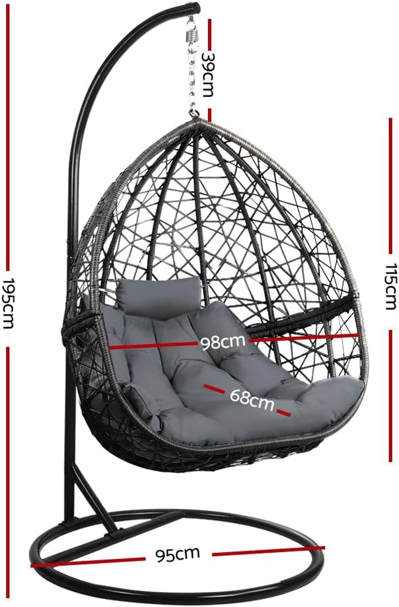 Gardeon Outdoor Egg Swing Chair Rattan Black Garden Bench Hanging Seat, Patio Baconly Furniture Chairs, with Cushions Stand Wicker Basket Water Resistant 150Kg Capacity image number 3