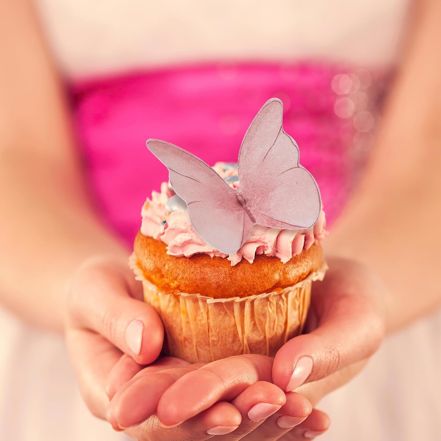 48PCS Edible Butterfly Cake Decorations Wafer Paper Butterflies for Cake Decorating, Vivid Colorful Butterfly Cupcake Toppers for Wedding Birthday Party Cupcakes Decorating Supplies(Pink) image number 6