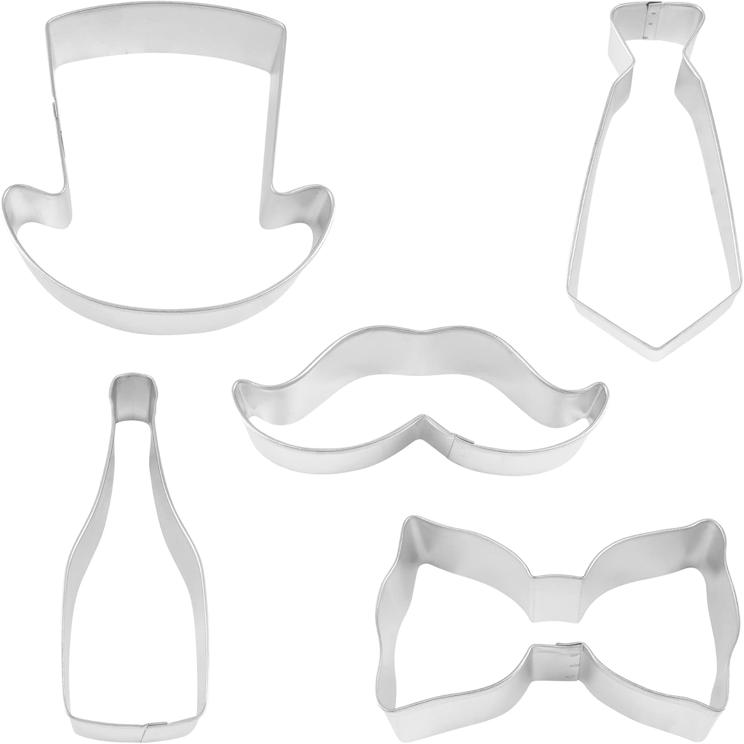 R&M International 1933 Handsome Gents Cookie Cutters, Bow Tie, Top Hat, Moustache, Champagne Bottle, Neck Tie, 5-Piece Set image number 2