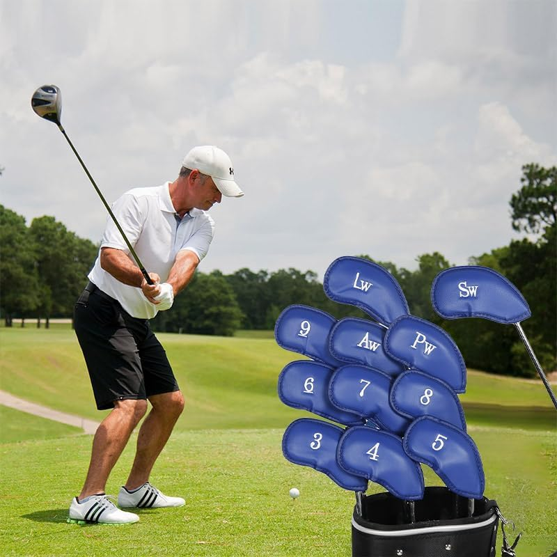 12 PCS Waterproof PU Leather Head Cover Golf Iron Club Putter Headcover 3-SW Set with Number Applique for Easy Recognition Black、Blue, Protective and Durable - Black Plain Pattern image number 2