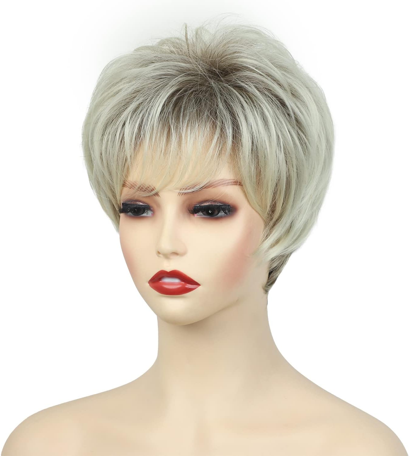 AUBWIG Brown Mixed Light Blonde Pixie Cut Short Wigs for Women Short Stylish Fluffy Tiered Wig with Fringe Short Bob Synthetic Wigs (Brown Mixed Light Blonde) image number 5