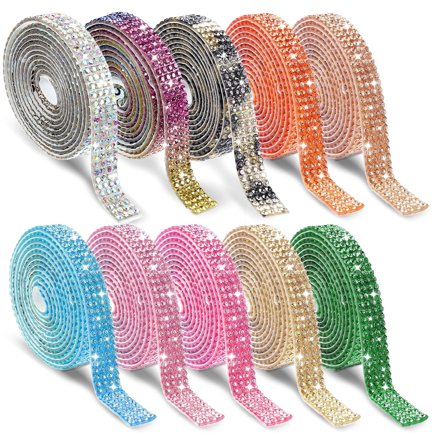 10 Rolls Self Adhesive Rhinestone Ribbon Crystal Diamond Tape Assorted Colors Rhinestone Strips for DIY Phone Car Rhinestone Hat Band Decorations Glitter Arts Crafts Sticker (Each Roll 1 Yard)
