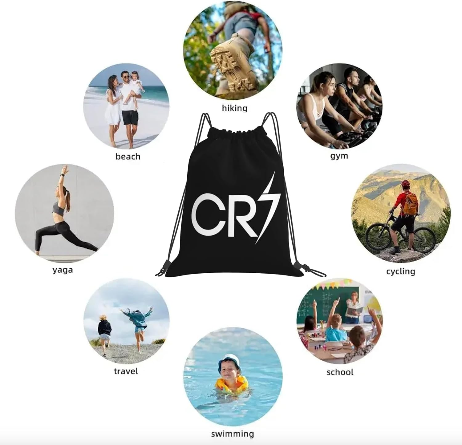 EZB Football Legend CR7 Drawstring Ronaldo Bag | 36X30Cm Midi Sized Backpack | Multi-Use: Sports Kits, PE Kits, Gym, Lunch, Holiday, Beach, Soccer Pump Bag | CR7 Bag, Black, 36X30Cm image number 2