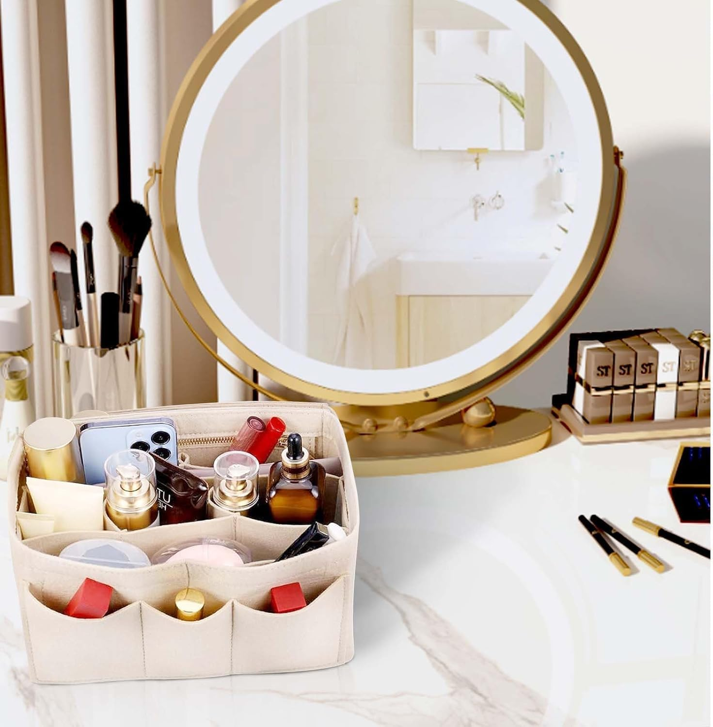 Jhzxing Interior Storage Bag with Multi-Pocket Organizer, Bag in Bag for Women with Zipper Bag, Tote Bag Organizer, Felt Handbag Organizer (M) image number 6