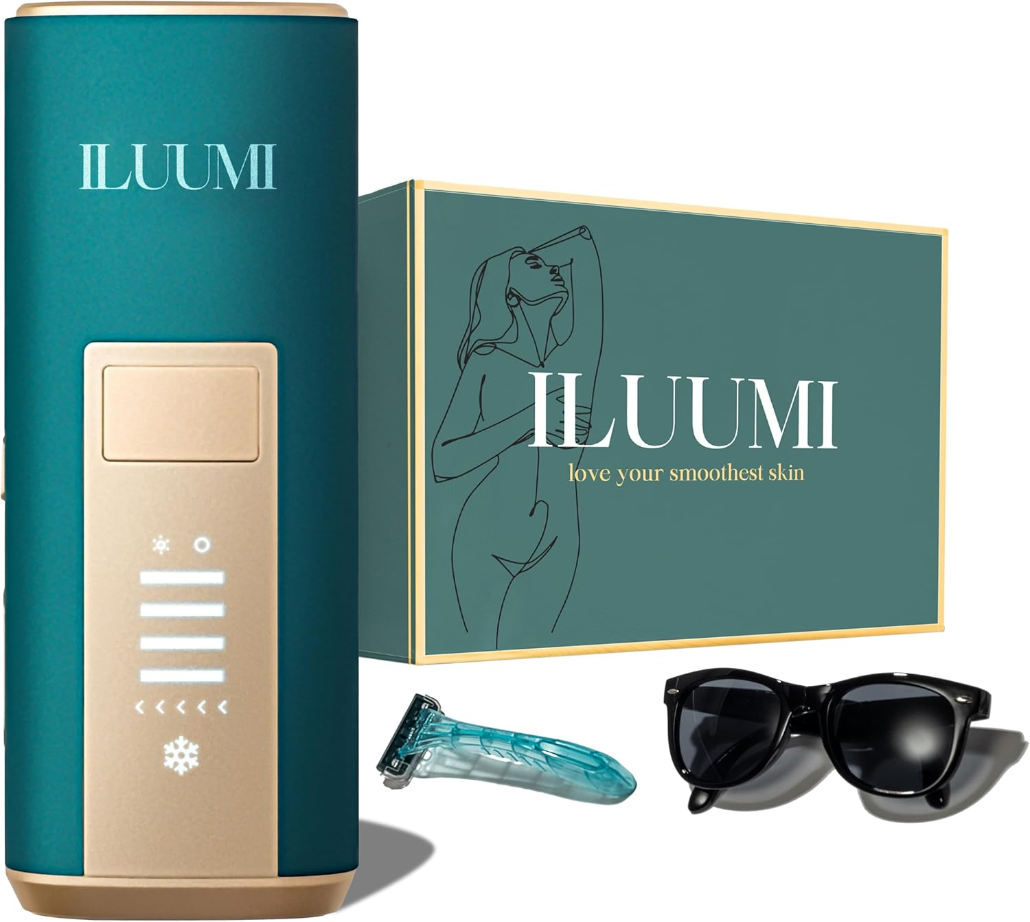 ILUUMI IPL Hair Removal Device for Face and Body, Permanent Hair Reduction for Women and Men, with 5 Intensity Levels and Ice-Cooling Technology, In-Home Use (Dark Green)