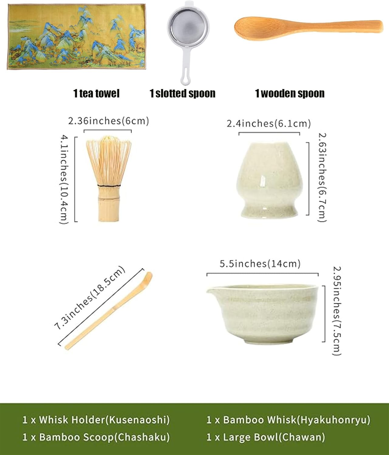 Matcha Whisk Set, Japanese Tea Set Includes Matcha Bowl with Spout, Matcha Whisk Holder, Bamboo Tea Whisk and Bamboo Scoop, Mottled Tea Green Glaze Ceramic Tea Kit for Tea Lovers (Green 7Pcs) image number 5