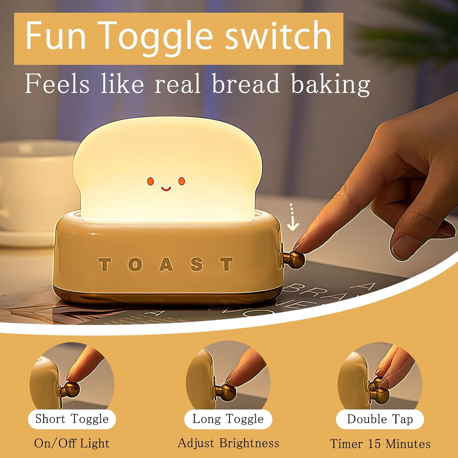 VOSSOT Toast Children'S Night Light, Kawaii LED Night Light with Timer, Baby Room LED Bedside Lamp, USB Rechargeable Baby Night Light, Nursing Light, Smile, Bread, Toast Night Lamp for Teen Girl Boy image number 2