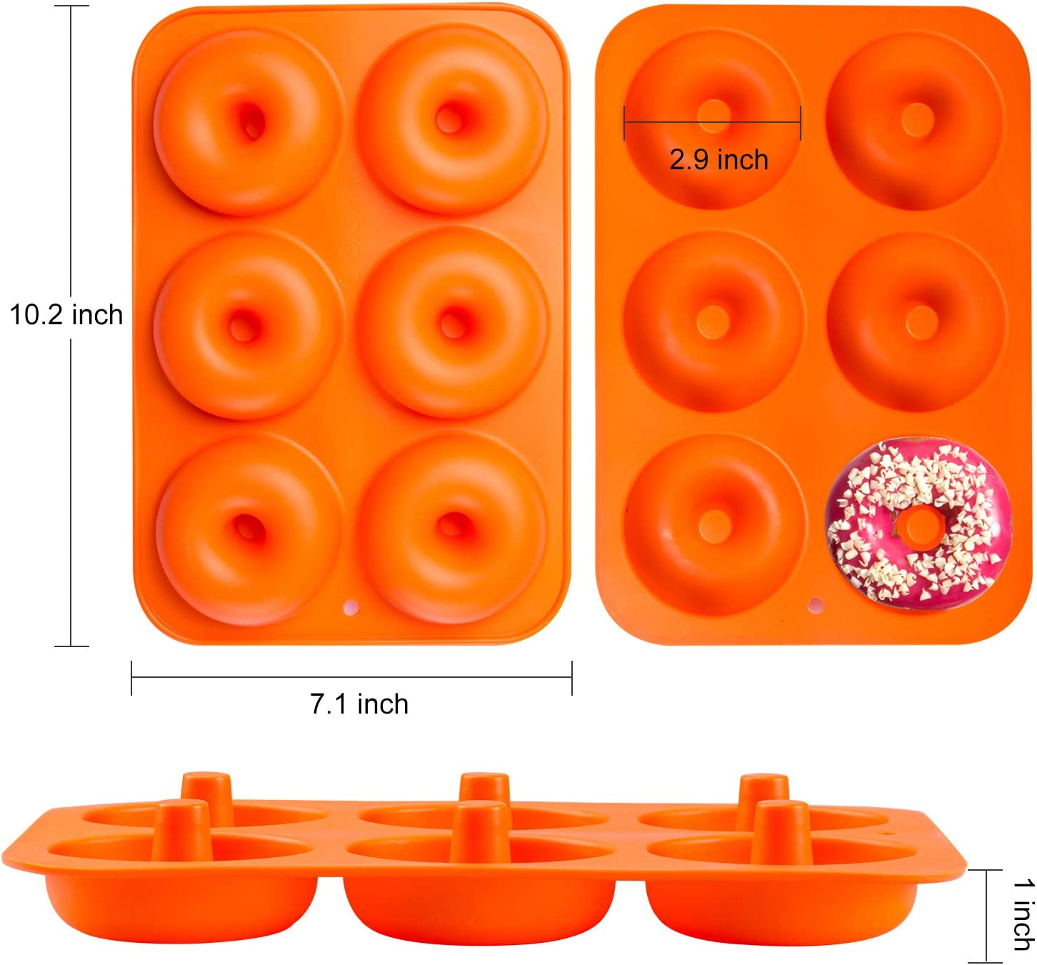 3-Pack Donut Baking Pan of 100% Nonstick Silicone. BPA Free Mold Sheet Tray. Makes Perfect 3 Inch Donuts. Tray Measures 10X7 Inches. FDA Approved Food Grade. Easy Clean, Dishwasher Microwave Safe image number 1