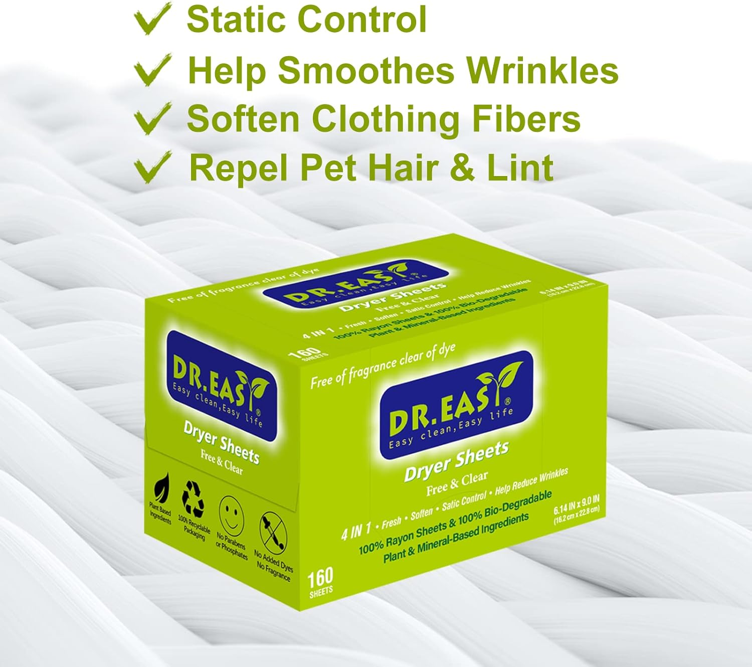 Dr.Easy Dryer Sheets Free & Clear Plant Based All Ingredients for Sensitive Skin 160 Ct 100% Rayon Fabric Softener Sheet Unscented & No Dyes Reduce Static & Wrinkles Soften Clothes Help Repel Pet Hair - Free  Clear image number 2