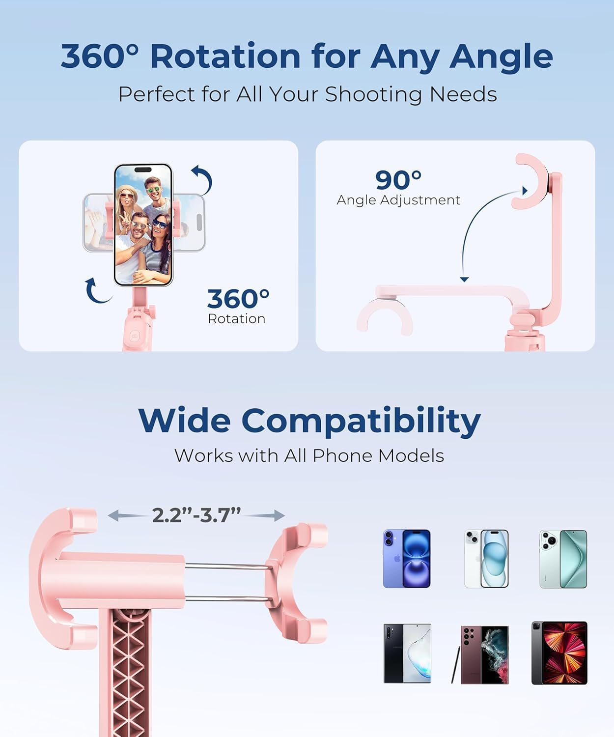 Fuloview 67&rdquo; Phone Tripod & Selfie Stick，Cell Phone Tripod with Wireless Remote,Extendable & Travel Tripod,For Photograph,Live Streaming,Compatible with Iphone/Android (Pink) image number 6