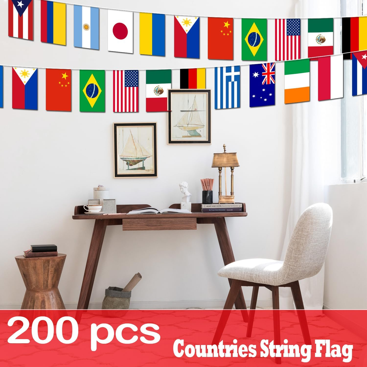 Premium Quality 200 Countries String Flag, Washable, 200Pcs 58M, Does' T Fade, International Flags, World Flag Banner Decorations for School, Garden, Sports Game Events, Grand Opening, Classroom, Party, 14 &times; 21Cm