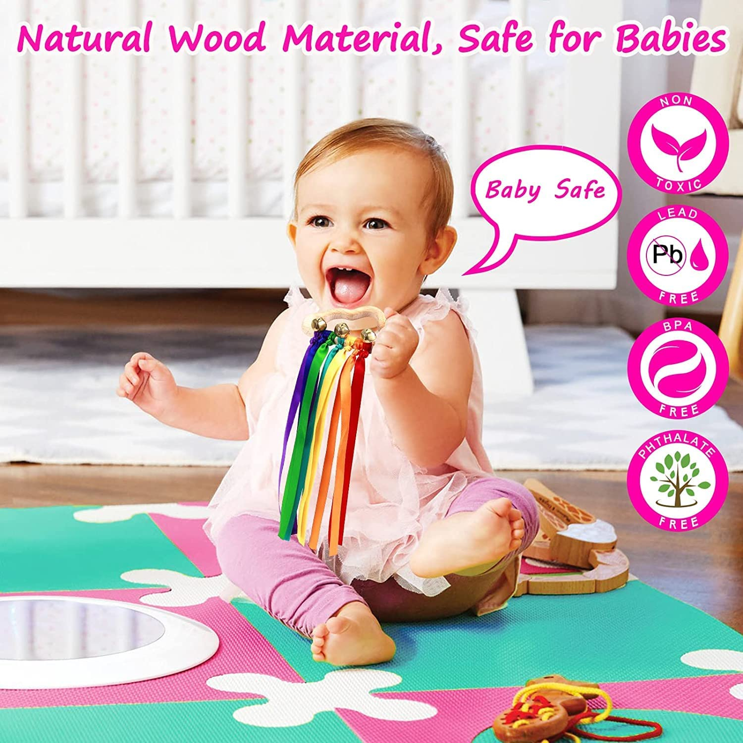 2 Pcs Waldorf Rainbow Hand Ribbon Kite Montessori Wooden Baby Toys Rainbow Twirler Stick with Bell for Babies Toddler Sensory Toys Rings image number 3