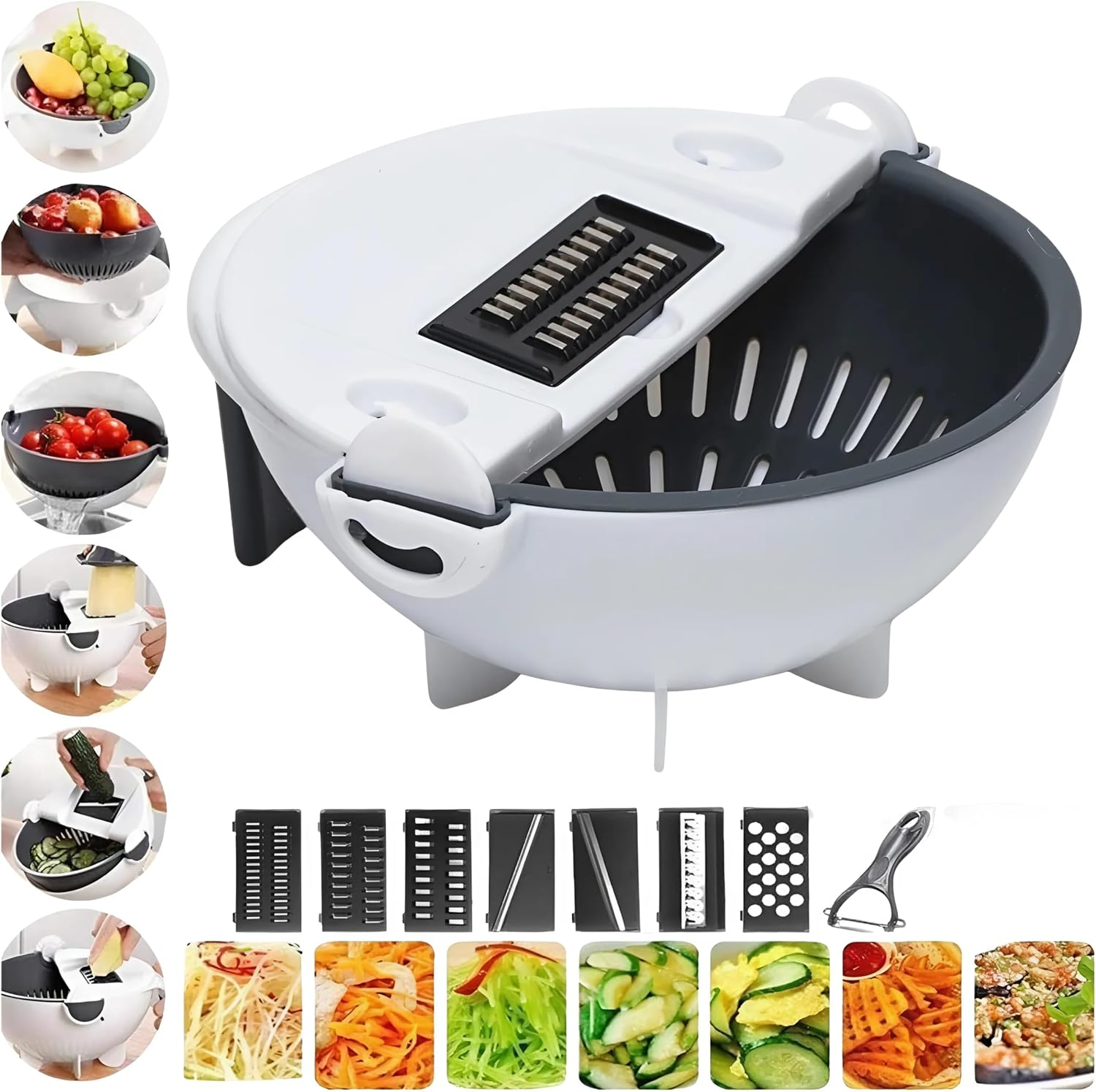 Ezonedeal Vegetable Slicer, 9 in 1 Multifunction Rotate Vegetable Cutter with Drain Basket Large Capacity Food Veggie Shredder Grater Kitchen Tool