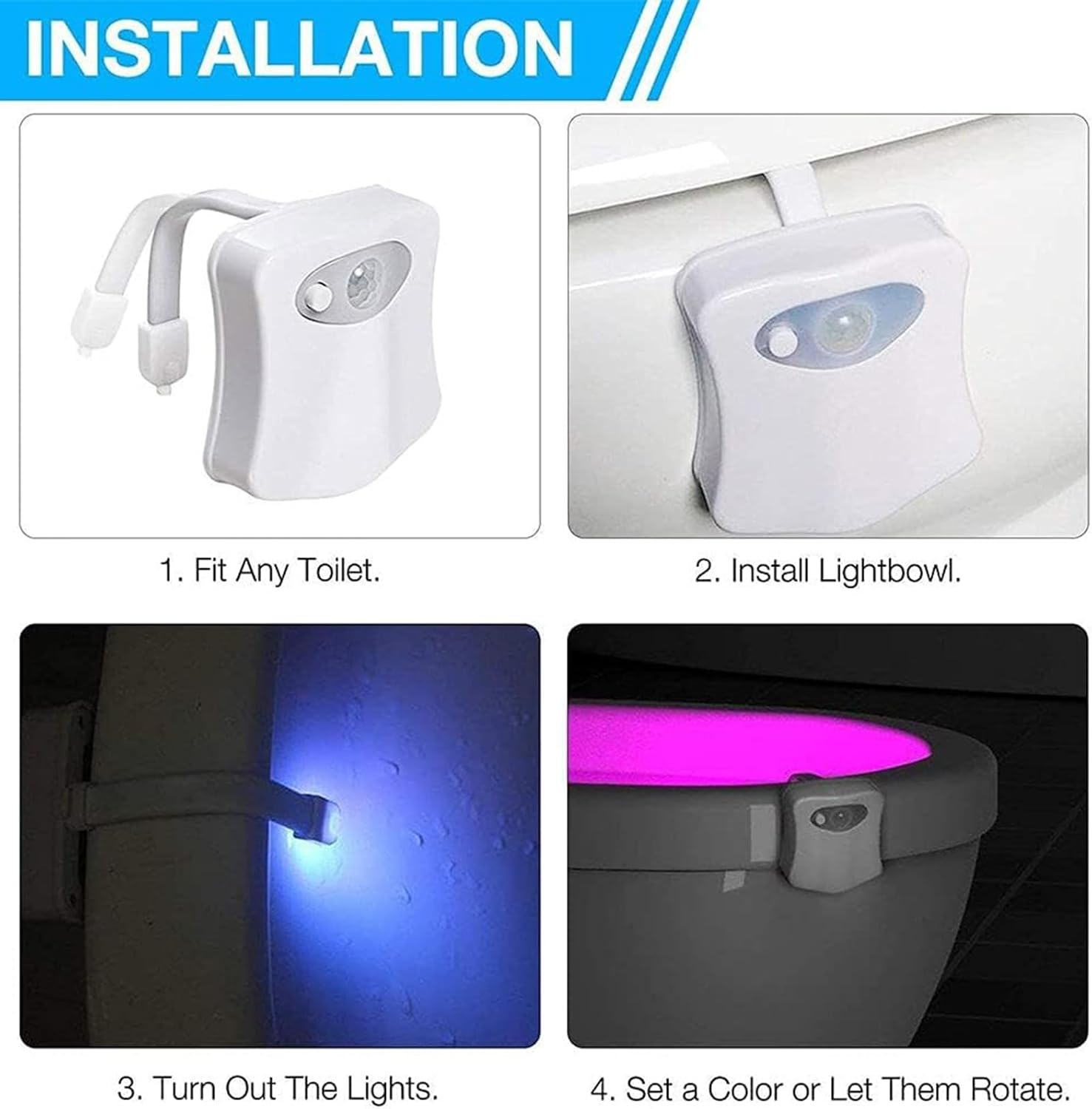2 Pack Toilet Light, 16-Color Changing Led Toilet Bowl Light with Motion Sensor Activated Detection, Motion Sensor Lights for Bathroom Washroom, Glow Bowl L-Ight Fit for Any Toilets image number 6