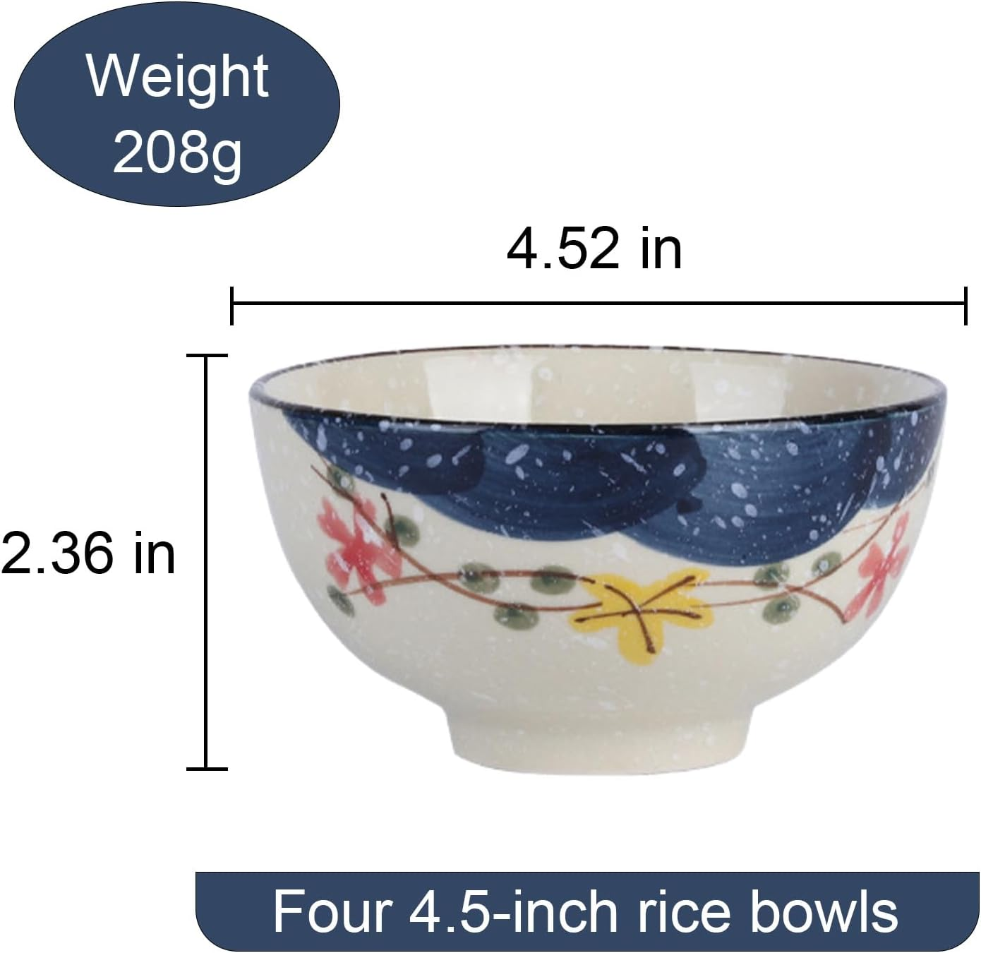 Ceramic Soup Rice Bowl 4.5 Inch Set of 4 Vintage Japanese Creative Hand Painted Floral Ceramic Soup Bowls 10 Ounce Ramen Bowl Set Noodle Bowl Microwave Dishwasher Safe image number 2
