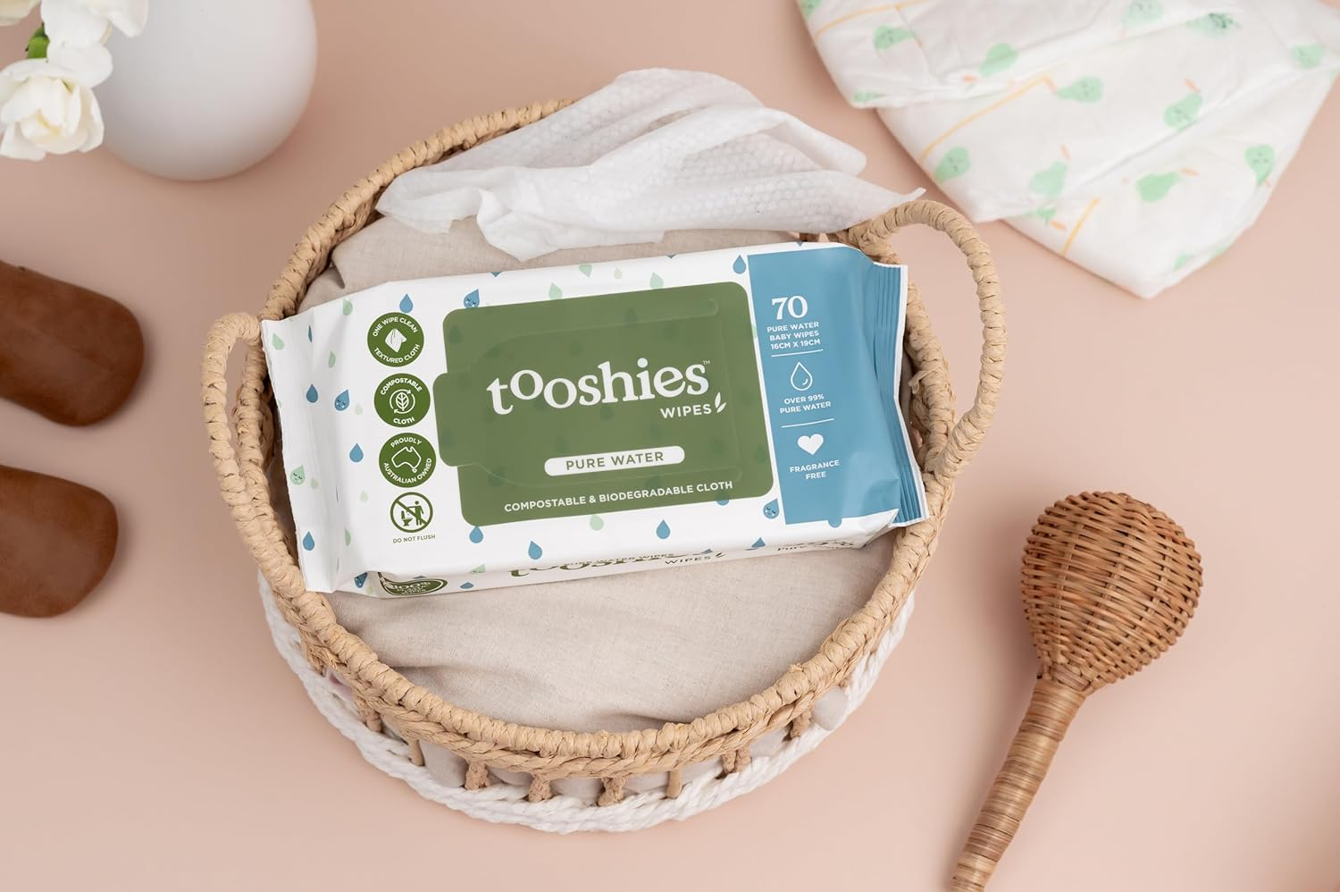 Tooshies Wipes | Pure Water Wipes | 100% Plastic Free | Biodegradable | Fragrance Free | 4 X 70Pk (280 Wipes) image number 1