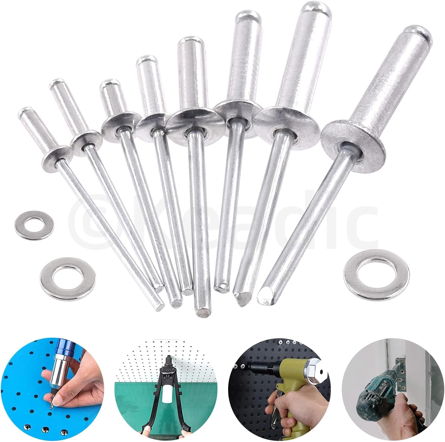 Keadic 560Pcs Pop Rivets Assortment Kit with Backup Washers, M2.4 M3.2 M4 M4.8 8 Sizes Aluminum Blind Rivets for Automotive, Marine, Ships (Black)