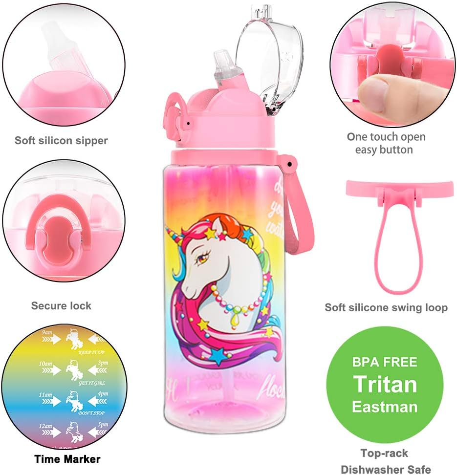 Home Tune 23Oz Kids Water Drinking Bottle - Tritan BPA Free, Wide Mouth, Auto Flip Cap, Secure Lock, Easy Open, Lightweight, Leak-Proof Time Marker Water Bottle for Girls & Boys - Llama image number 5