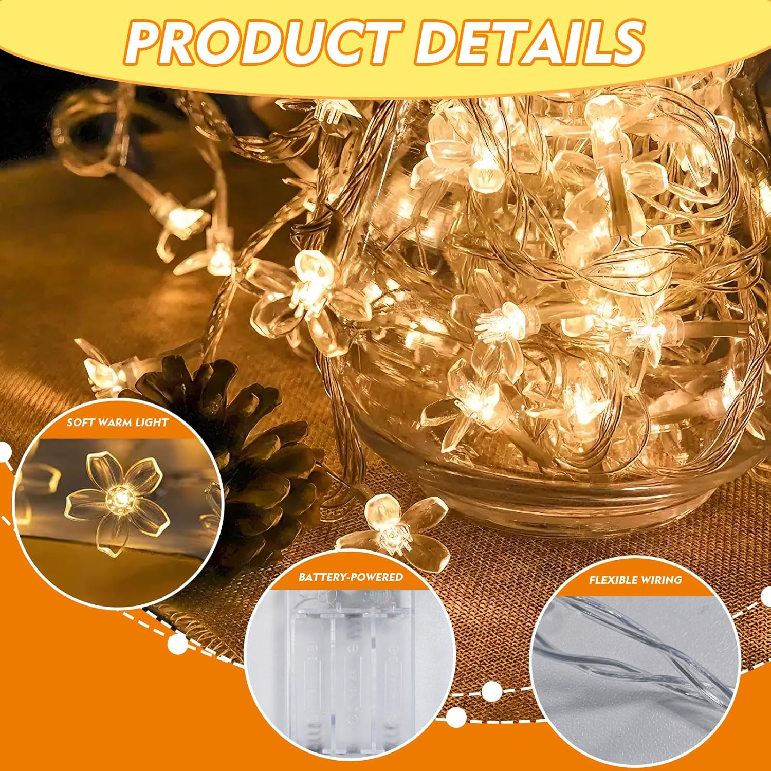6M 40 LED Cherry Blossom Fairy Lights - Battery Operated Indoor String Lights, Waterproof Decoration for Camping, Garden, Birthday, Easter, Christmas, and Wedding Parties (Warm White) image number 6