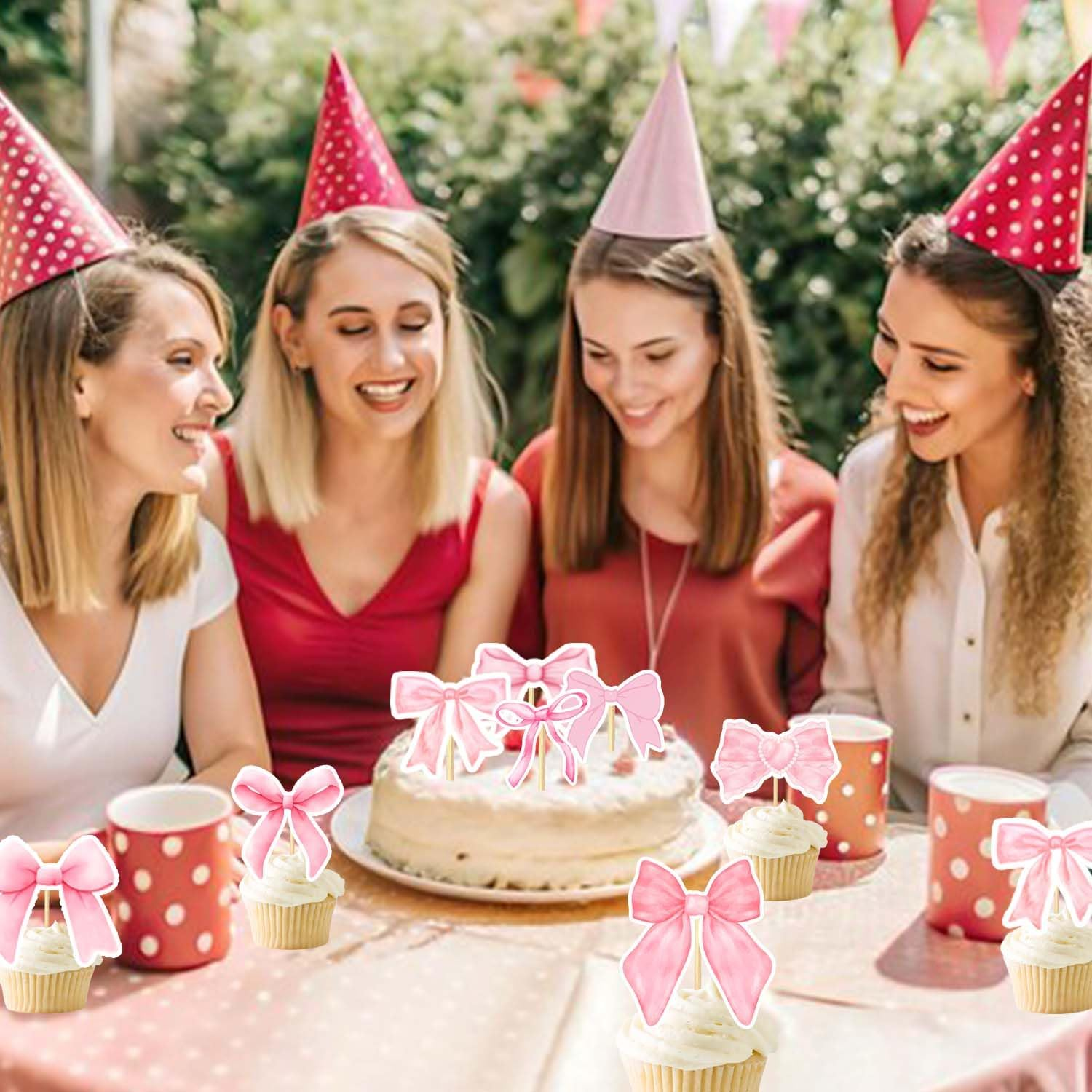 24PCS Coquette Bow Cupcake Toppers, Pink Bow Coquette Birthday Cake Decorations for Bachelorette Bridal Engagement Wedding Girl Baby Shower Bow Theme Party Decor image number 5