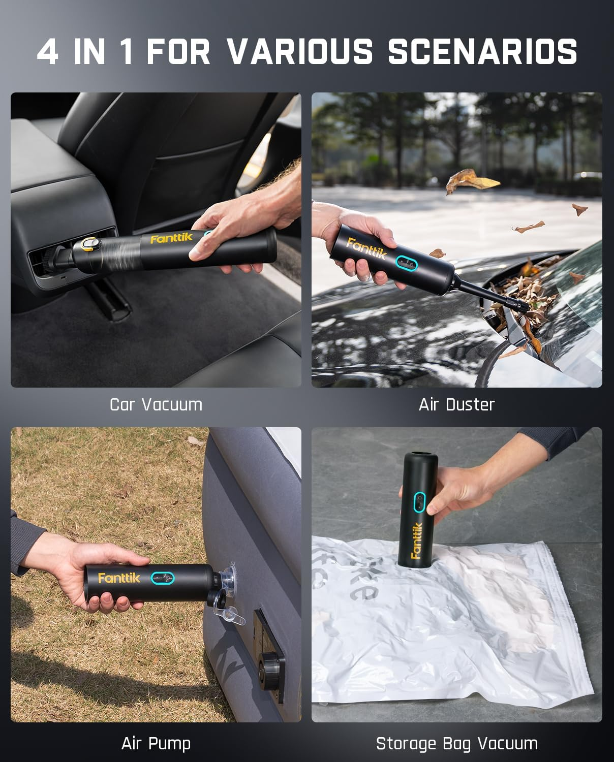 Fanttik Slim V8 Apex Car Vacuum, 4-In-1 Portable Mini Cordless Vacuum with 19000Pa Suction Power, Type-C Charge, 2 Suction Modes, Handheld Vacuum for Car, Office Desk, Keyboards (Black) image number 6