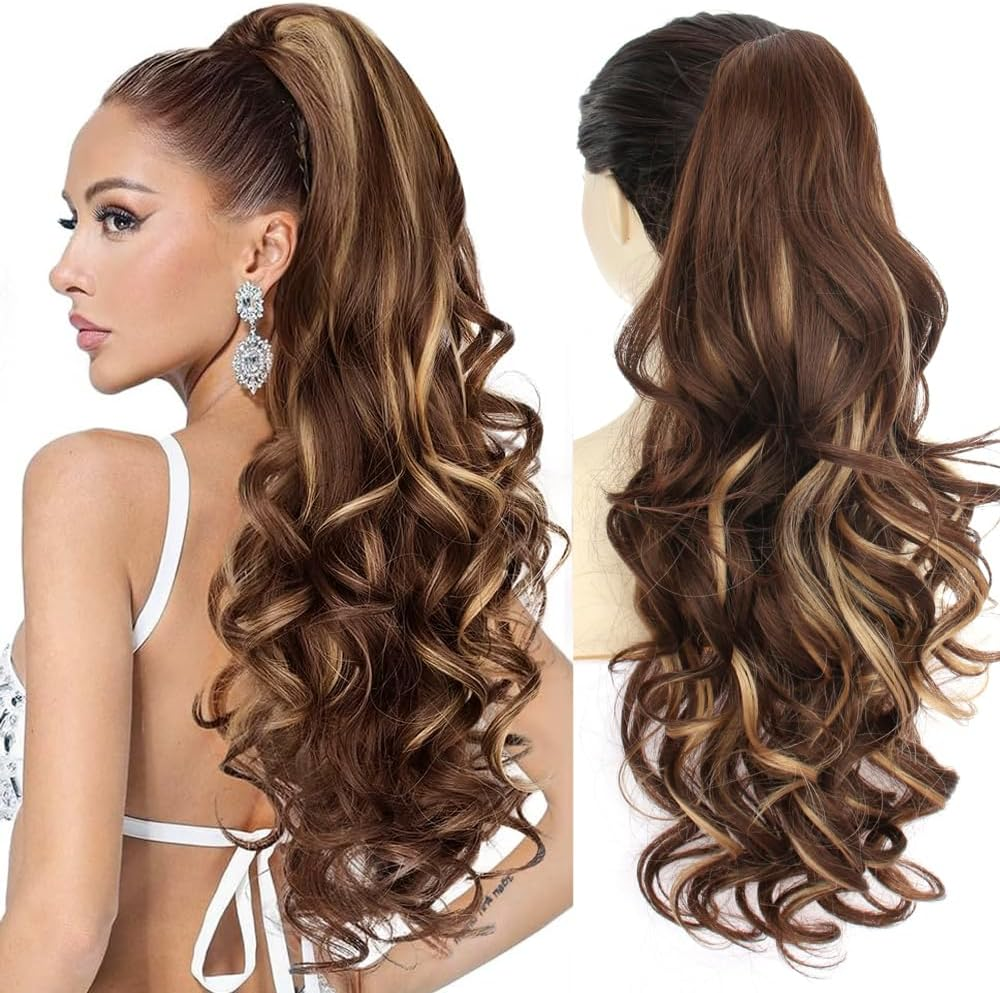PORSMEER Ponytail Hairpiece with Clip, Claw Clip in Hair Extensions, 66 Cm Long Voluminous Wavy Ponytail Extension Hairpiece Braid Brown with Golden Highlights Colour for Women - Black/Brown image number 3