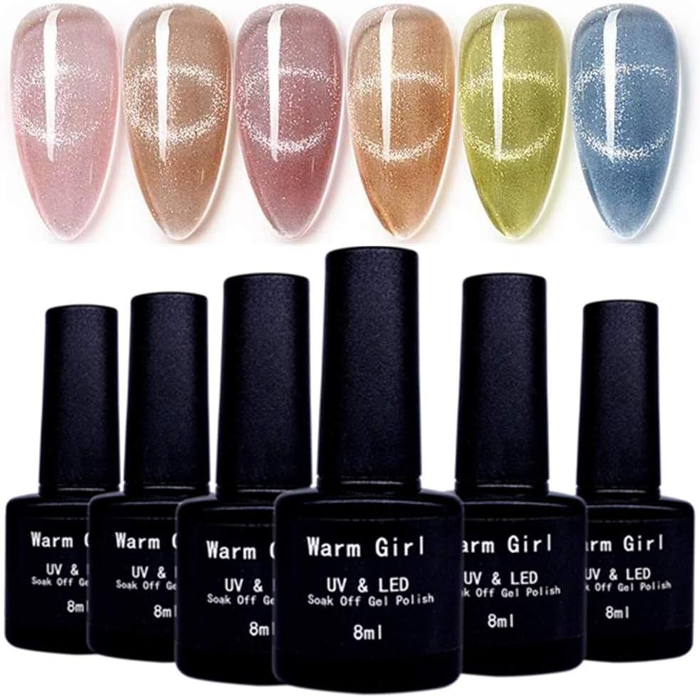 Crystal Cat Eye Gel Warm Girl Nail Polish Kit, 6 Colors UV LED Auroras Gel Polish Magic Gel Nail Polish Set image number 3