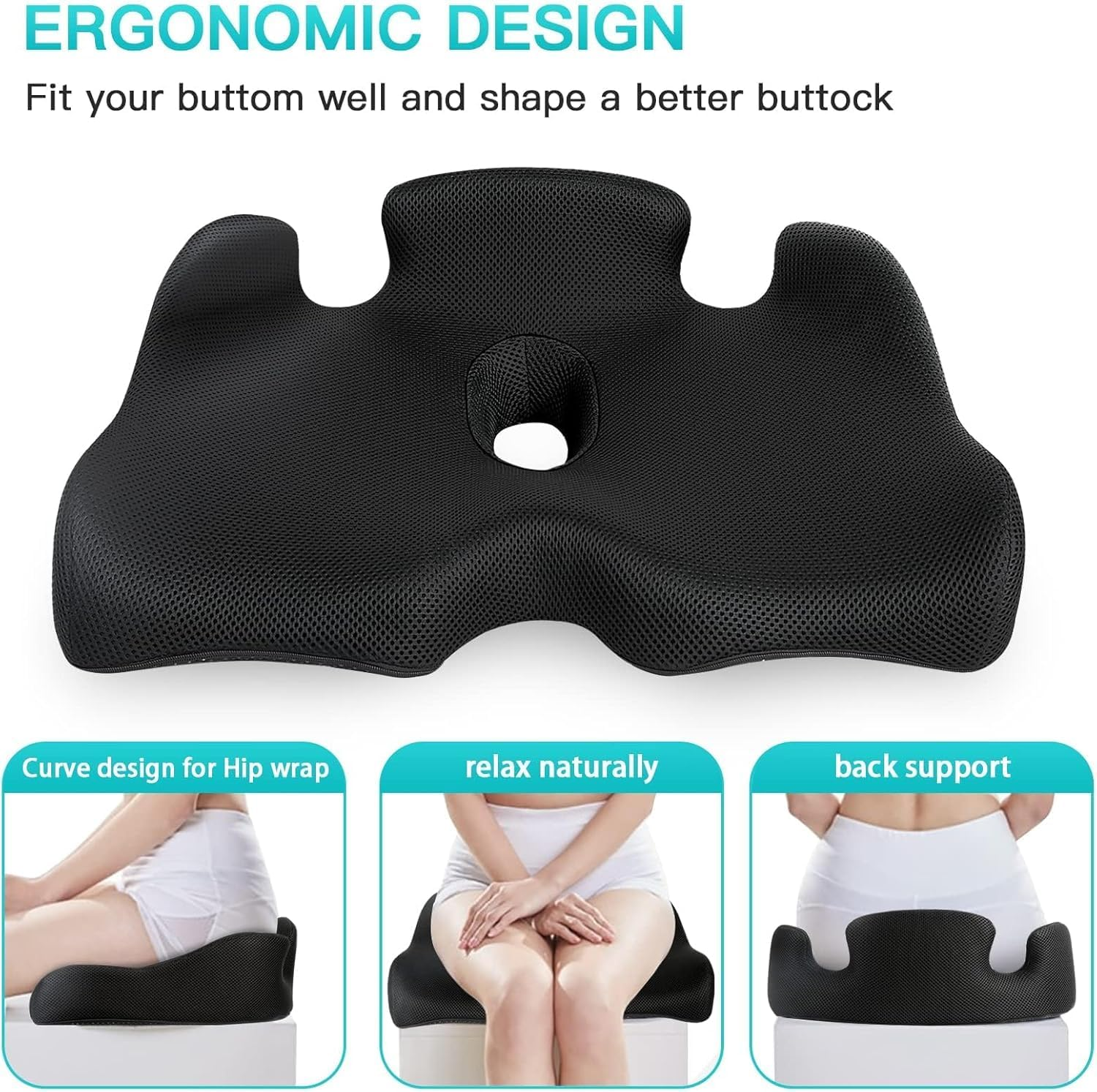 Benazcap Memory Seat Cushion for Office Chair Pressure Relief Sciatica & Tailbone Pain Relief Memory Foam Firm Coccyx Pad for Long Sitting, for Office Chair, Gaming Chair and Car Seat, Black image number 1