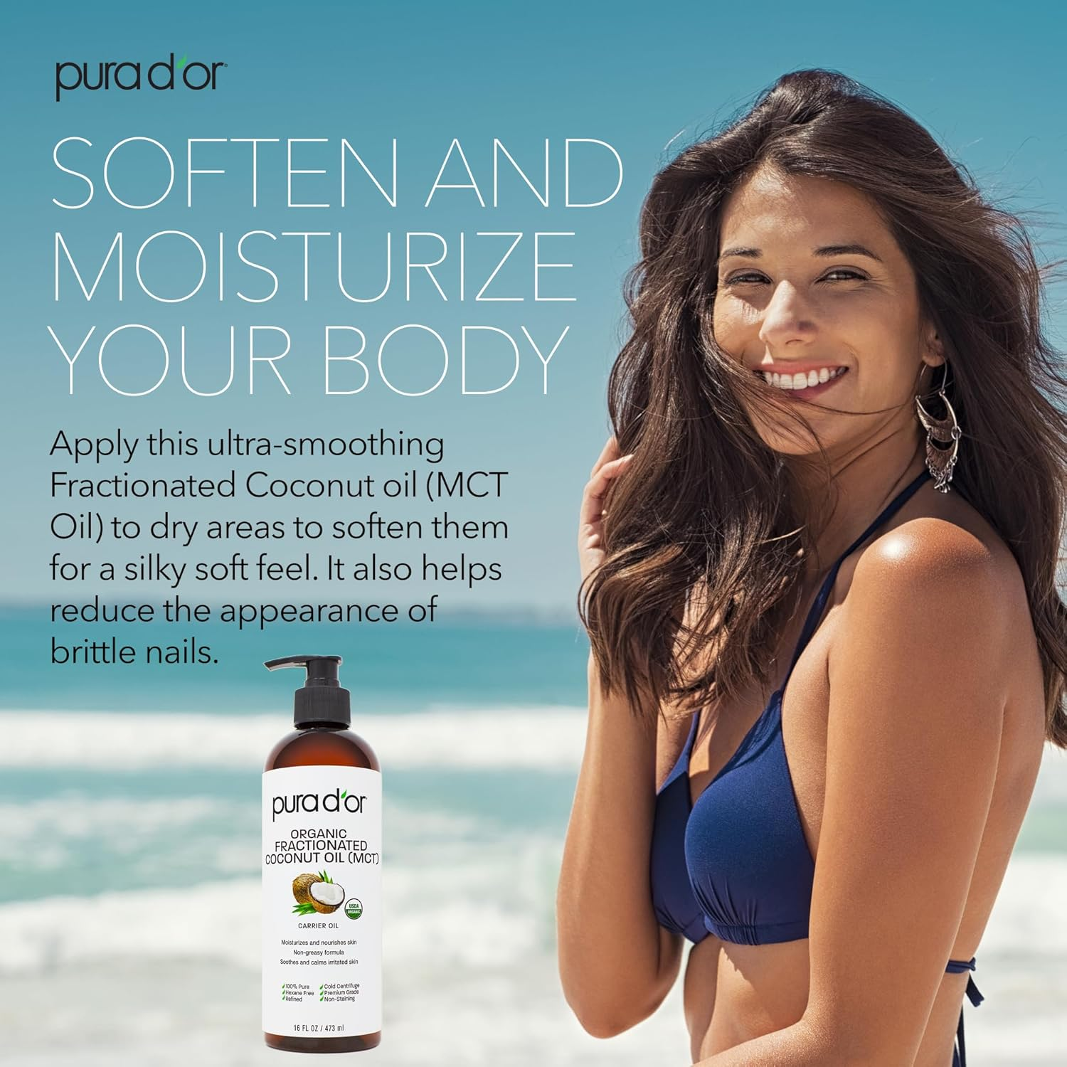 Pura D'Or Organic Fractionated Coconut Oil (16Oz / 473Ml) USDA Certified 100% Pure & Natural MCT Oil Sustainably Sourced Hexane Free Moisturizing Carrier Oil for Face, Skin & Hair (Packaging May Vary) image number 5