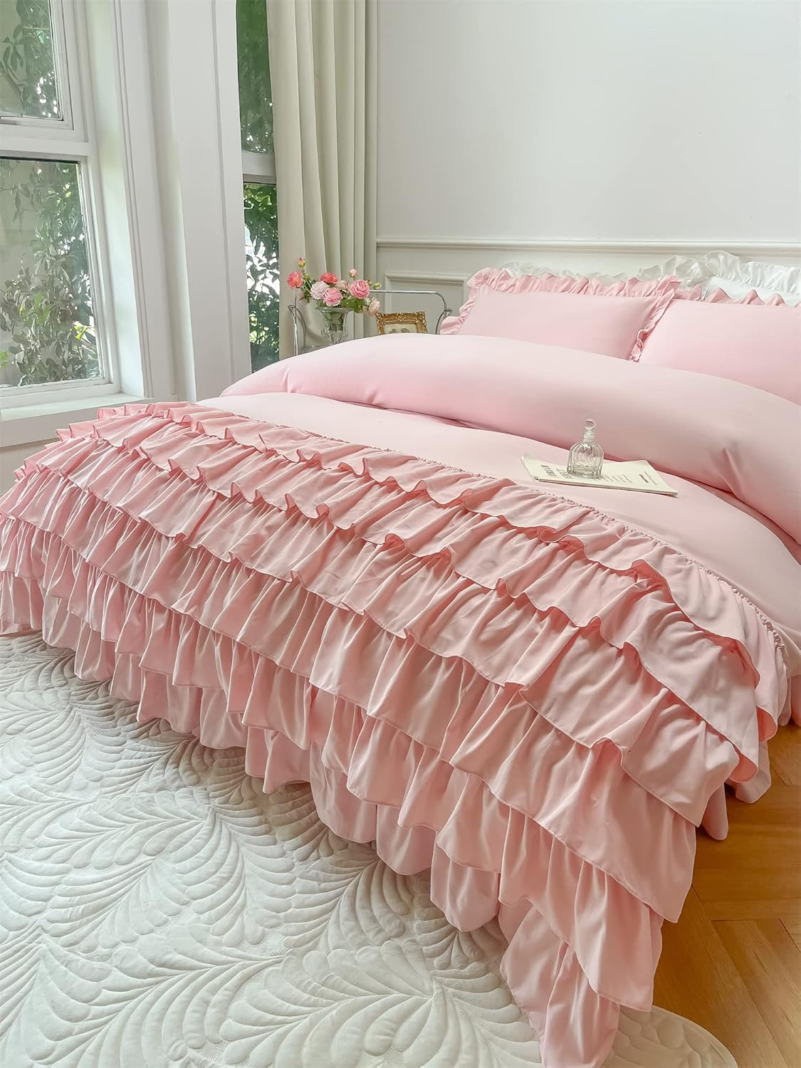 MOOWOO Girls Bedding,Waterfall Ruffle Duvet Cover -Full 3 Piece Shabby Chic Bedding Solid Color Soft and Breathable with Zipper Closure,Corner Ties,Aesthetic Bedding-Pink,Full image number 2