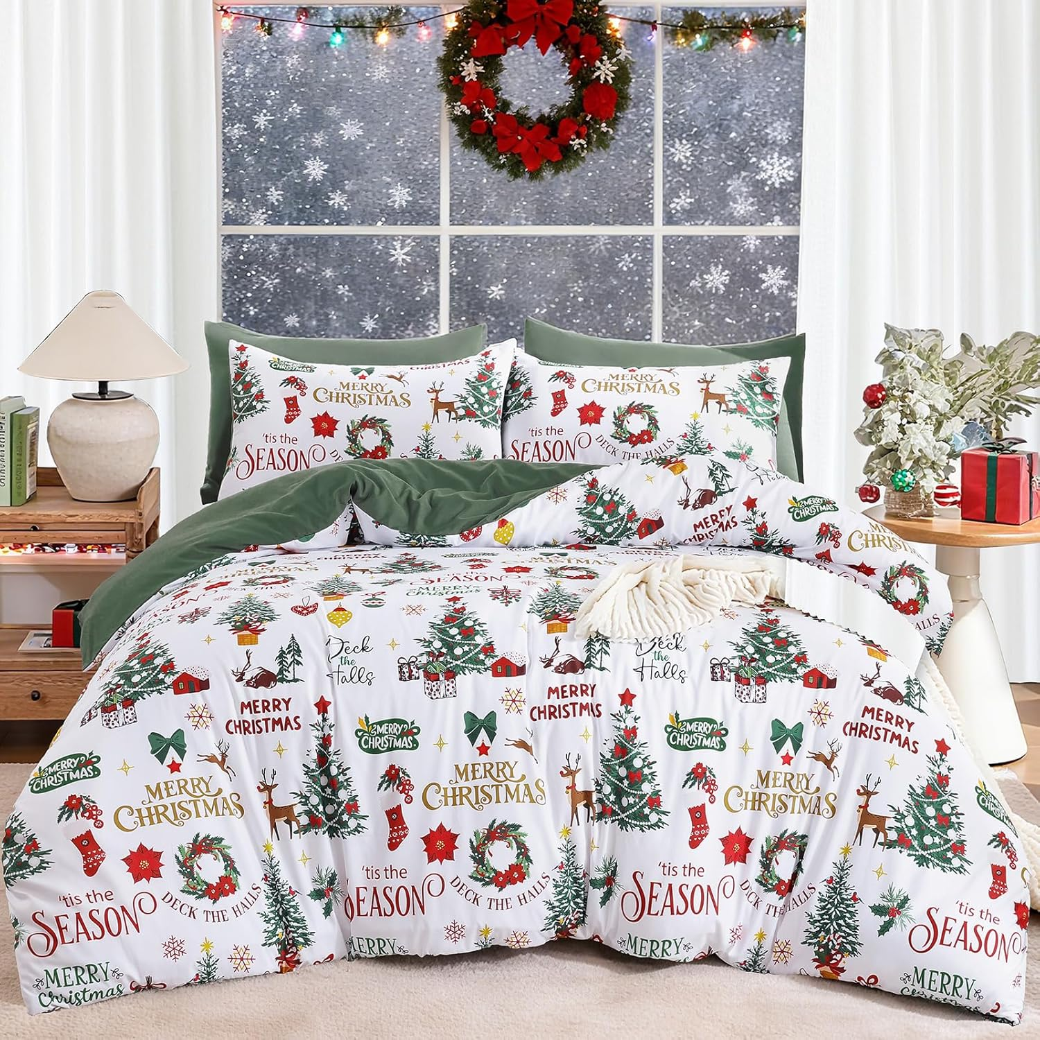 Christmas Duvet Cover Set Queen Wreath Christmas Tree Poinsettia Bedding Set, 3 Piece Soft Microfiber Rustic Green White Winter Holiday Duvet Cover Festival Decor (Zipper Closure,90''X90'')