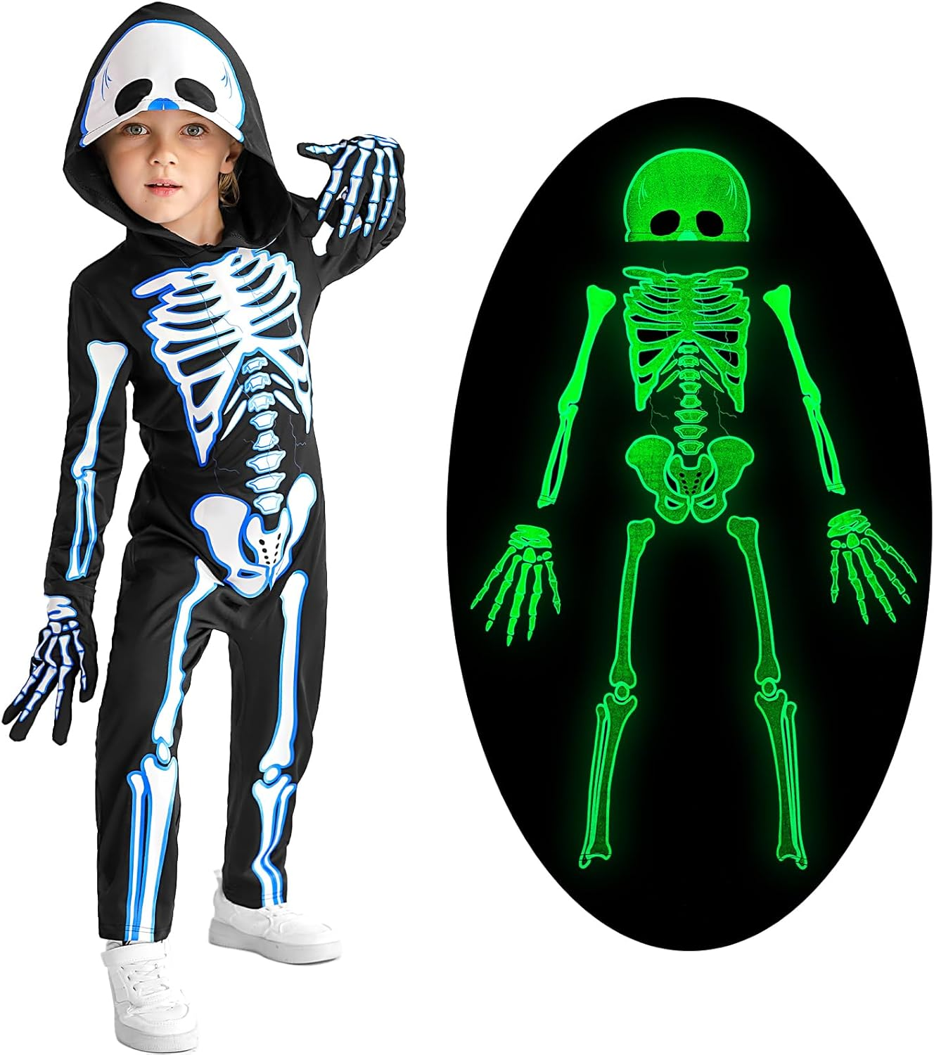 Weixinbuy Kids Halloween Skeleton Costumes Toddler Luminous Scary Skull Bones Jumpsuit Glow in the Dark Outfit for Child Baby