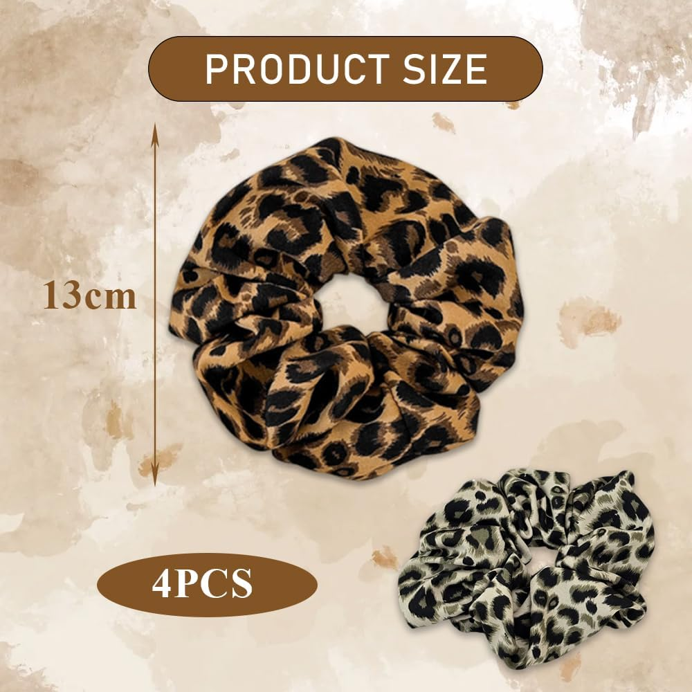 MSLSOZ 4 Pieces Leopard Print Hair Scrunchies Elastic Rope Straight Ponytail Hair Ties Vintage Hair Ties Suitable for Women (4 Colors)