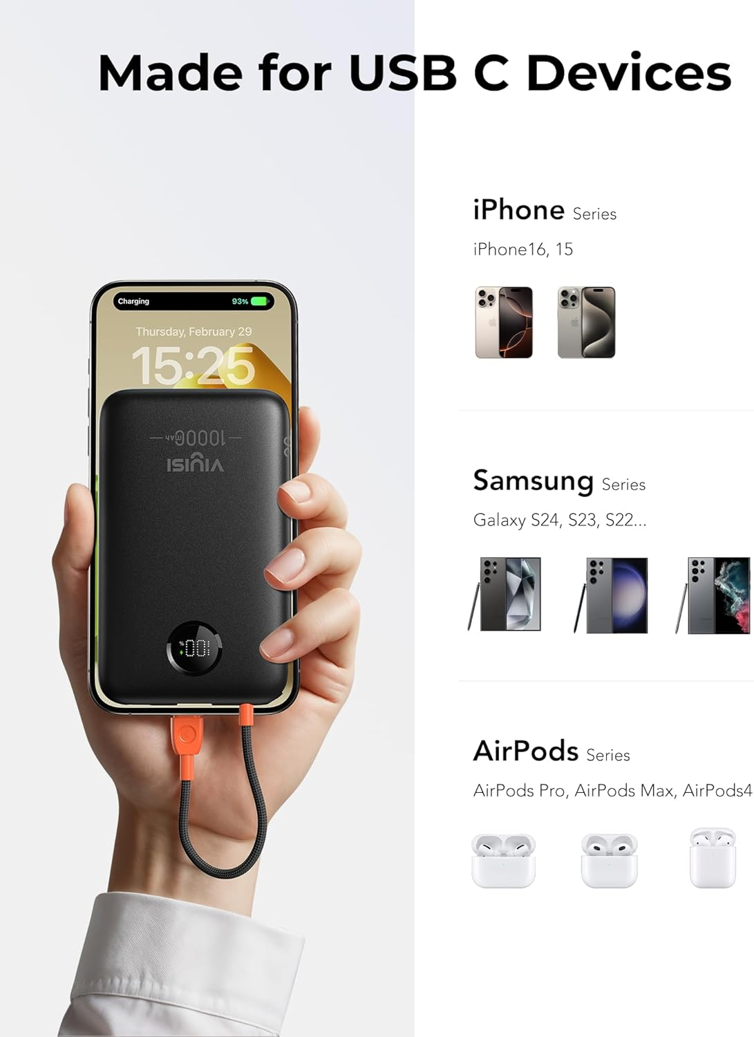 VIYISI 10000 Mah Power Bank Ultra Slim 22.5W Portable Charger Fast Charging with Built-In Type-C Cable Compatible with Iphone 16 15 Samsung S24 S23 S22 - Black - Blue image number 6