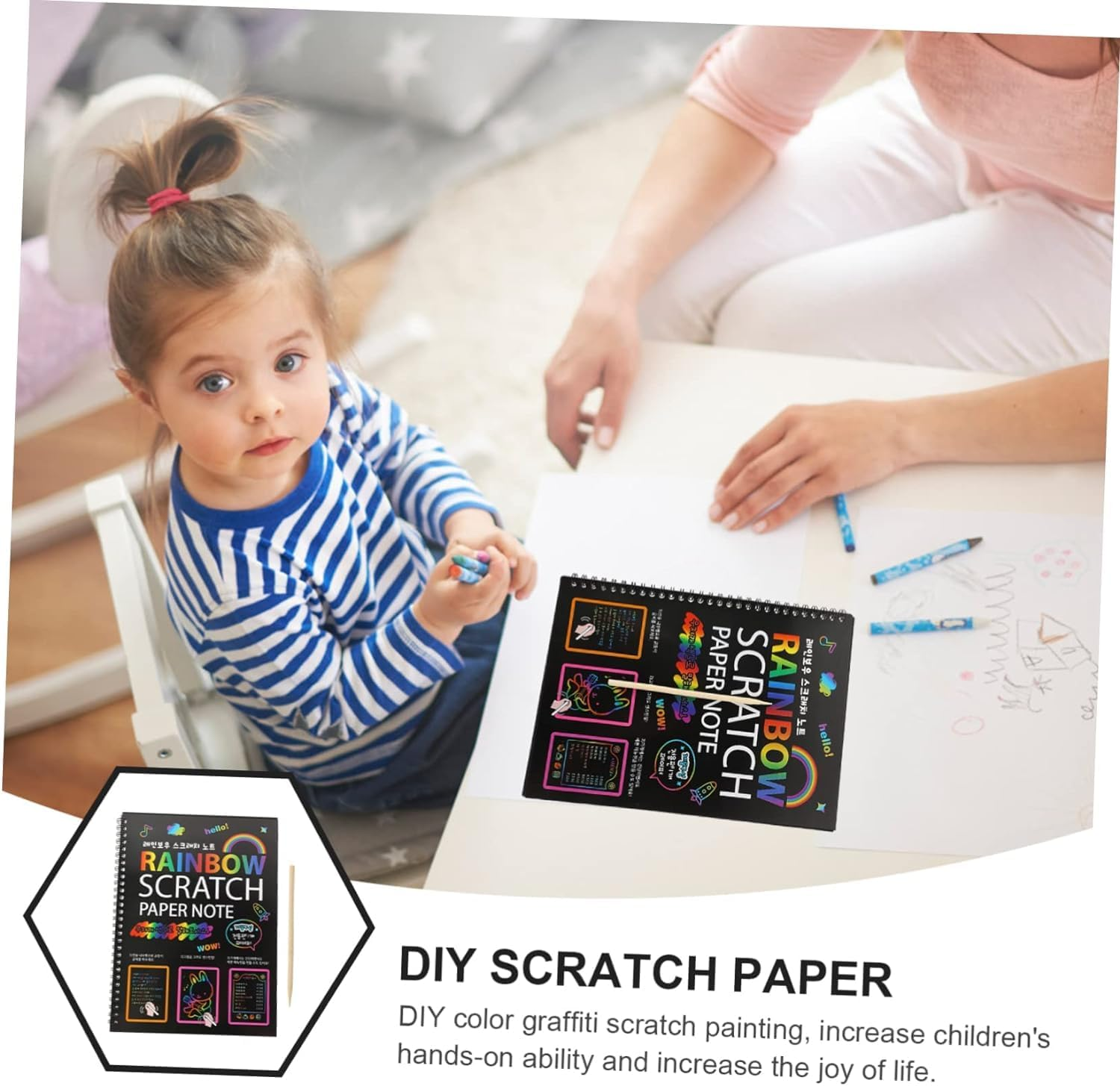 Sunbilien Rainbow Scratch Art Paper for Kids, 2 Pack Scratch Paper Notebooks Set W/ 6 Stencils 2 Wooden Styluses for Drawing Doodling Painting - DIY Arts and Crafts Easter Christmas Birthday Kids Adults image number 4