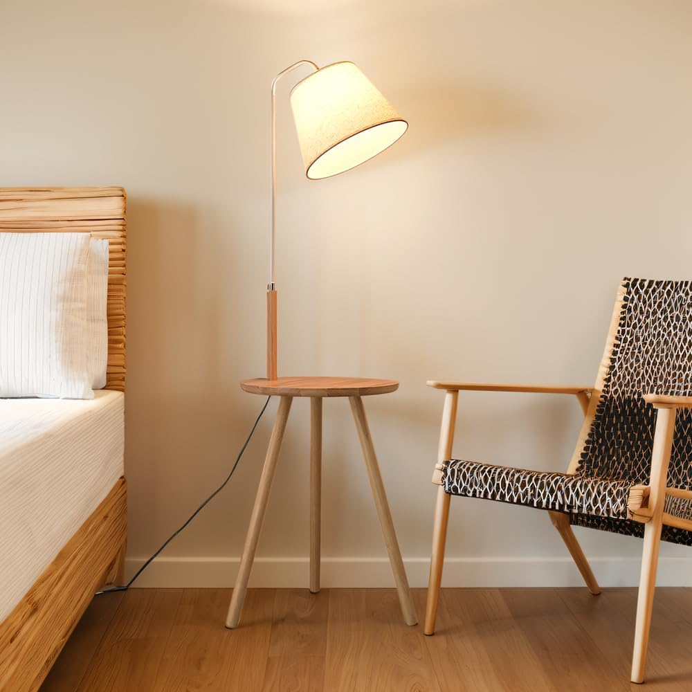 Krear Floor Lamp with Table, Tripod Wooden Lamp for Study Living Room, Foot Switch Standing Light Coffee Table Tall Lamp Natural image number 2