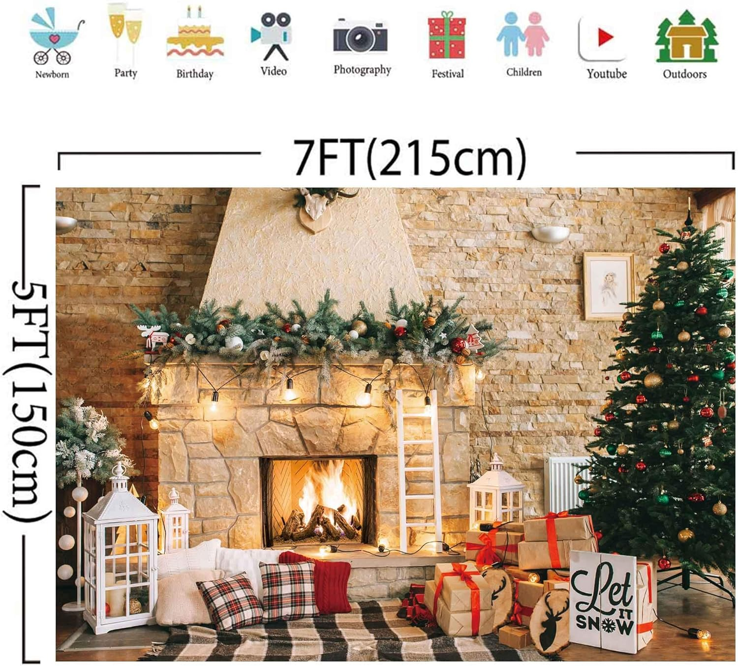 7X5Ft Christmas Fireplace Theme Backdrop for Photography Christmas Tree Decorations for Xmas Party Supplies Background Pictures Banner Photo Studio Decor Booth Props image number 5