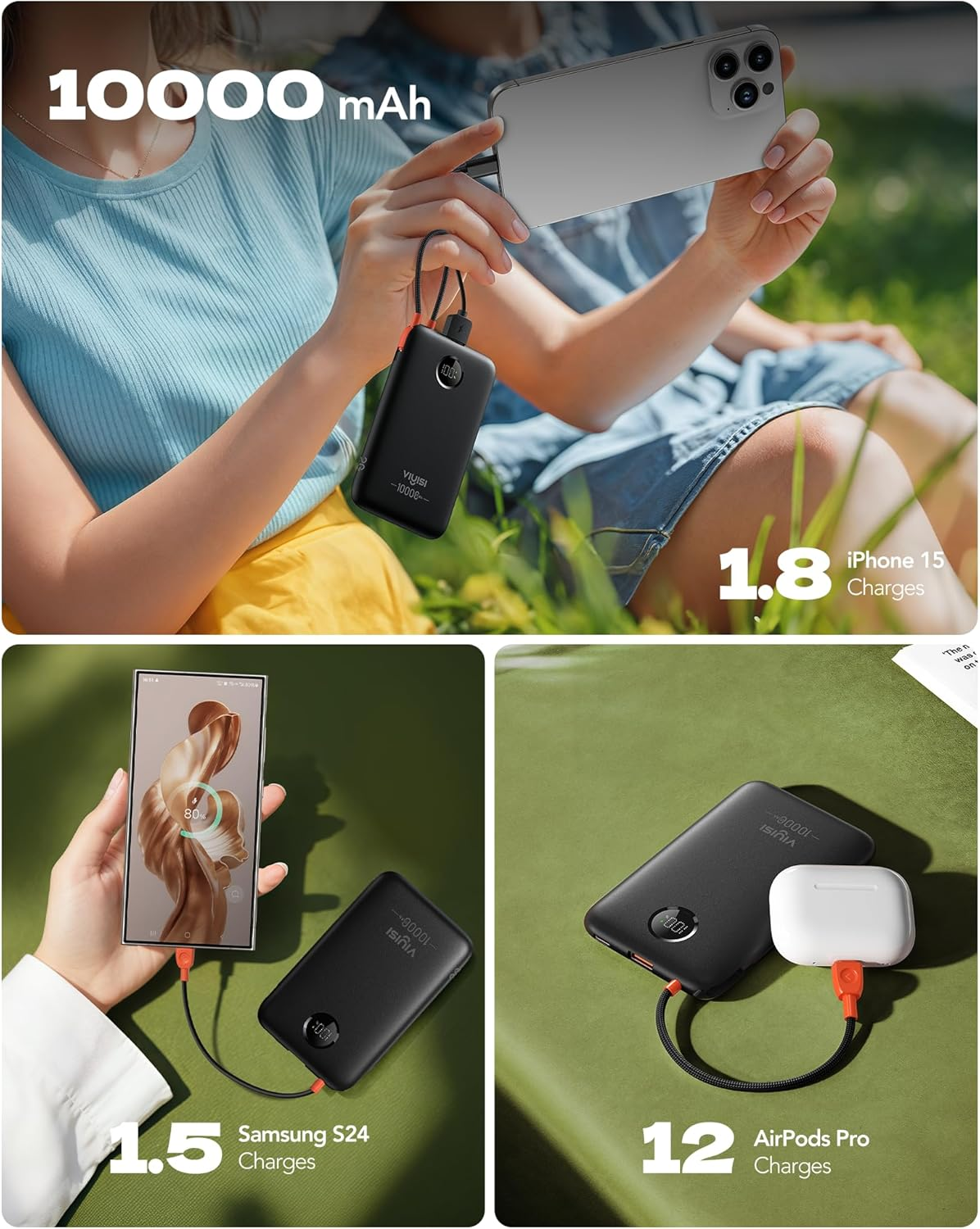 VIYISI 10000 Mah Power Bank Ultra Slim 22.5W Portable Charger Fast Charging with Built-In Type-C Cable Compatible with Iphone 16 15 Samsung S24 S23 S22 - Black - Blue image number 5