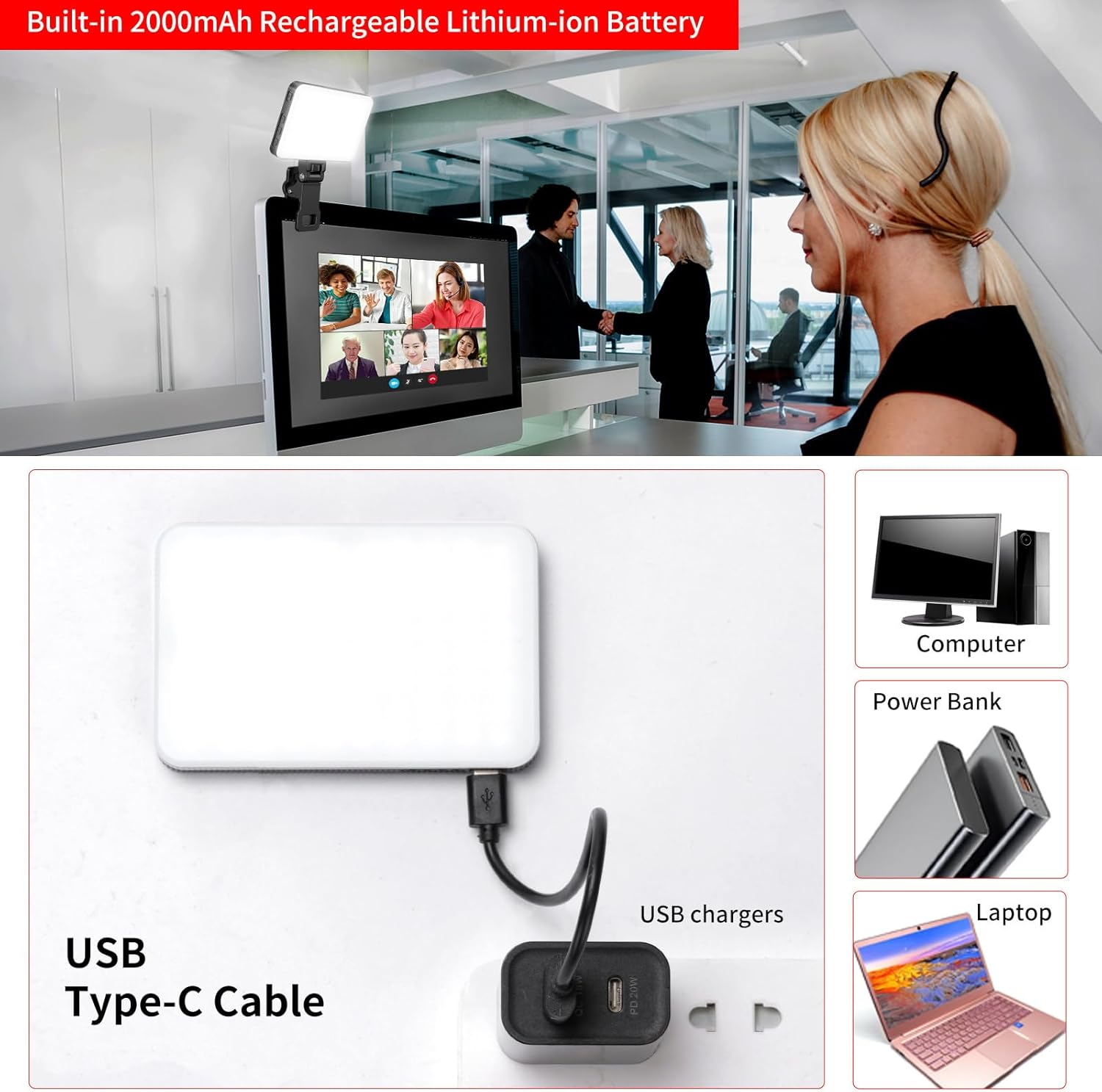 Newmowa Black Rechargeable Selfie Light - Portable Clip Video Light for Phone/Laptop/Camera with Smart Light Sensor,3 Light Mode,2000Mah Battery Phone Light for Selfie/Makeup/Video Conference/Tiktok image number 3