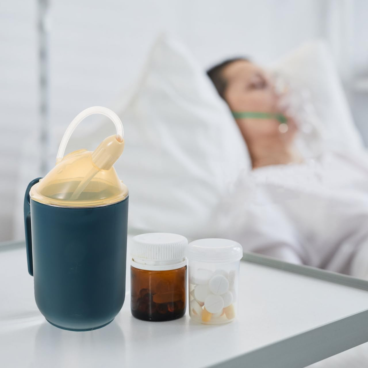 Minkissy Elderly Spill Proof Cup with Straw Handle 400Ml Drinking Bottles Adults Stainless Steel Feeding Resistant Leak-Proof for Pregnant Disabled Bedridden Patients-Blue image number 6