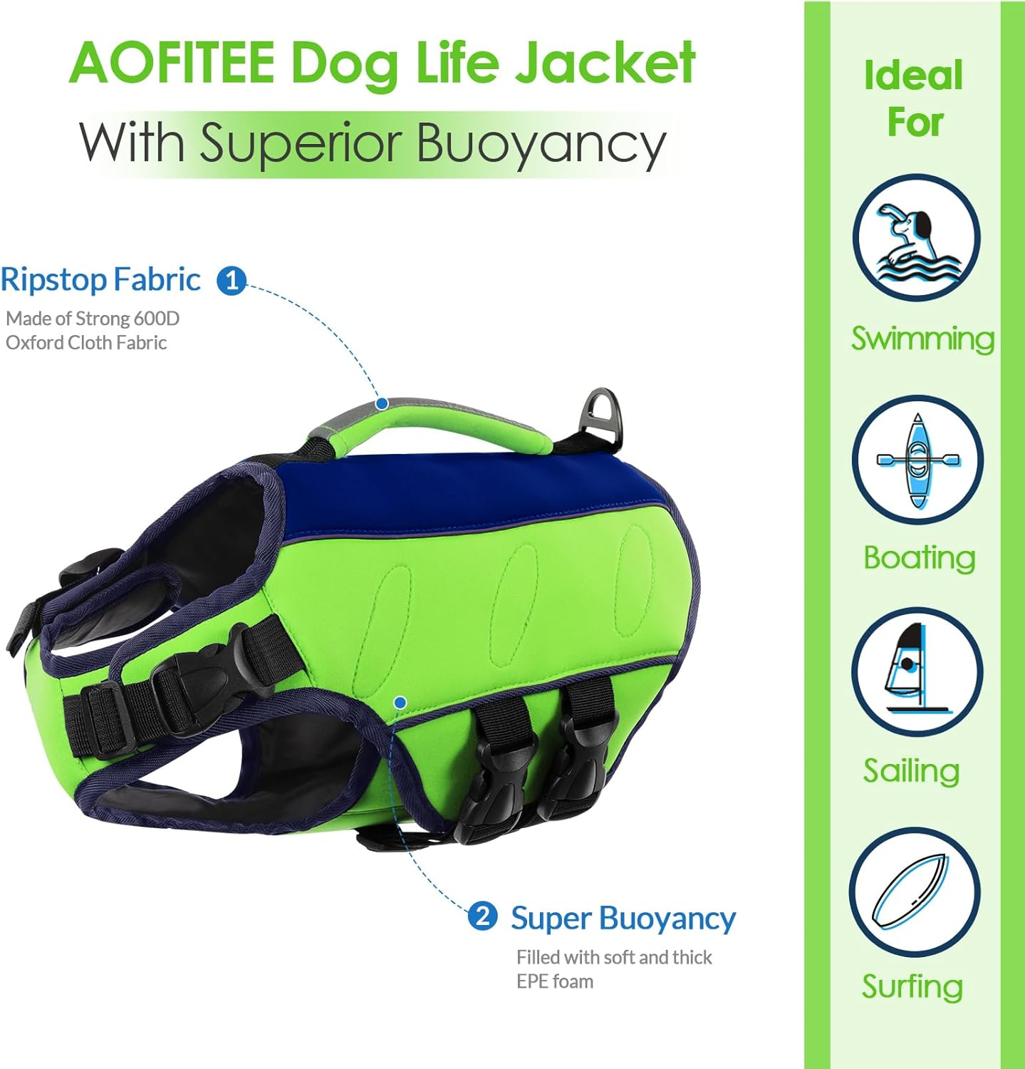 AOFITEE Ripstop Dog Life Jacket for Small, Medium, Large Dogs, Reflective Life Jacket Dog for Swimming, Boating, Adjustable Dog Life Jacket with Rescue Handle and Superior Buoyancy image number 1